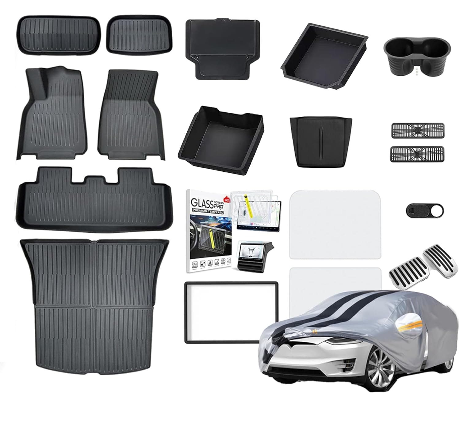 22Pcs Luxury Full Set of Accessories Fit For 2025 2026 Tesla Model Y Juniper, Customized TPE Foot Mats, All-weather Car Cover, 15 Pcs Of Interior Accessories，etc