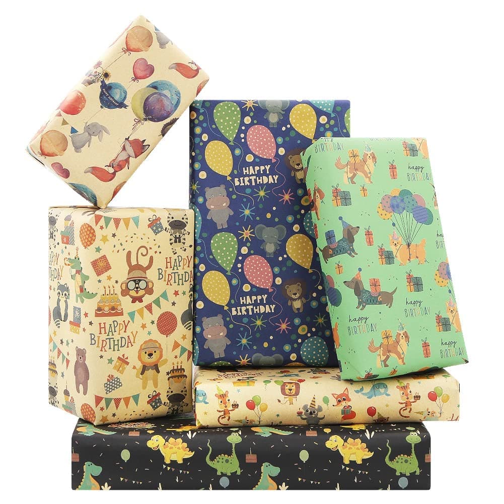 Birthday Wrapping Paper, Happy Animals Party Dinosaur Design Kraft Gift Wrap Paper, Happy Birthday Wrapping Paper 6 Sheets Folded Flat 20x28 inches per Sheet