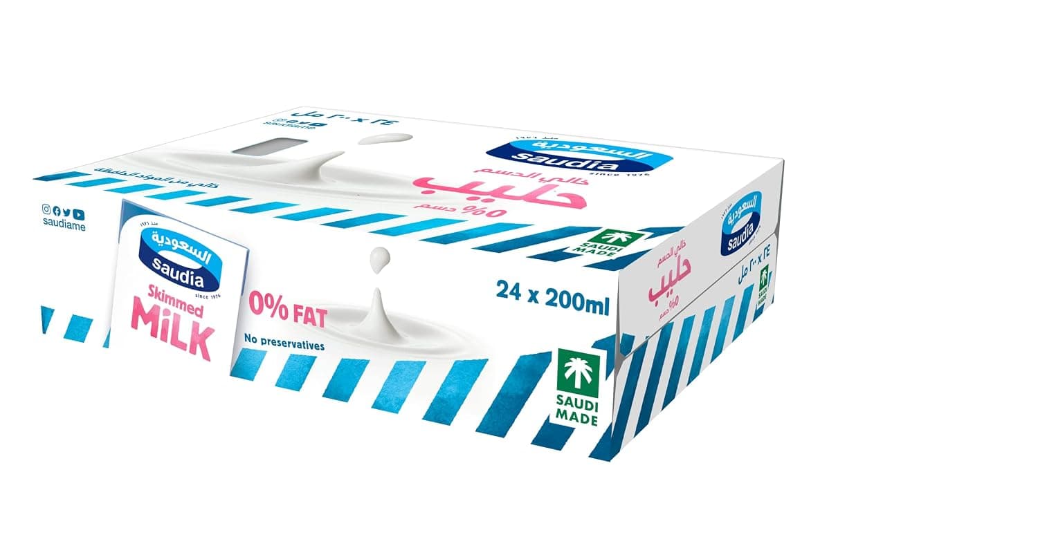 Saudia Skimmed Milk, 24 x 200ml Pack – Low-Fat and Nutritious Dairy Beverage, Perfect for Healthy Lifestyles, Breakfasts, and On-the-Go