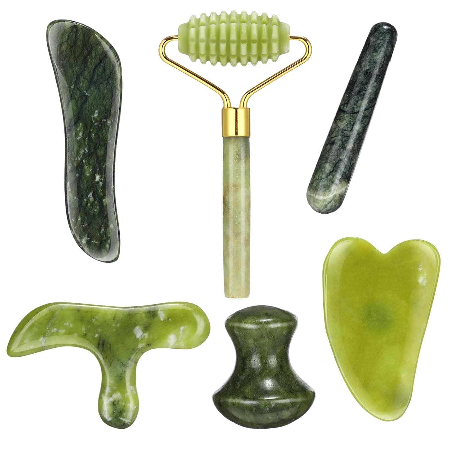 Sliner 6 Pcs Natural Jade Foot Massage Tool Set Jade Deep Tissue Point Massage Tool Foot Reflexology Massager Gua Sha Scraping Stone for Feet Care Relaxation Muscles Soreness Pain Relief