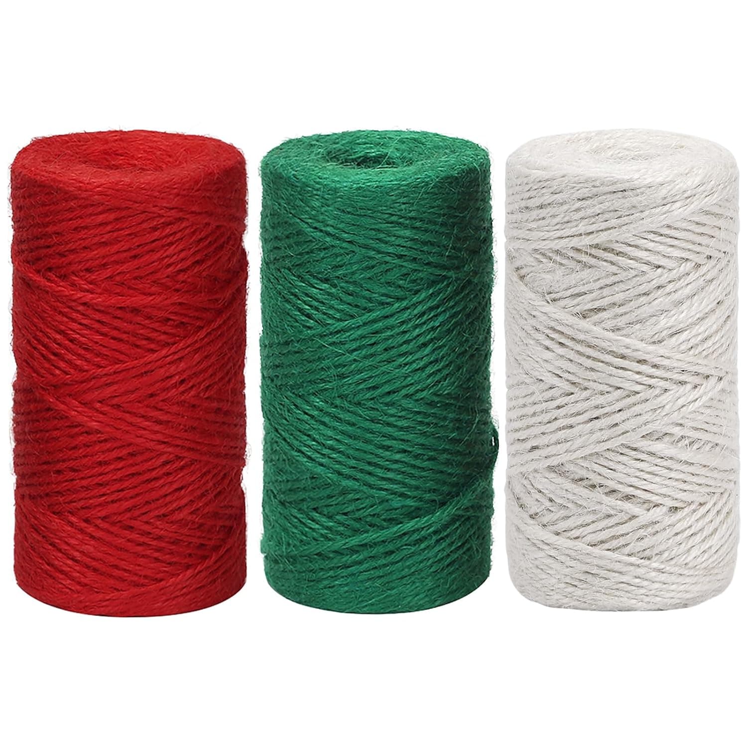 Vivifying Christmas Twine String, 328 Feet x 3 Rolls 2mm Natural Jute Twine for Gift Wrapping, Gardening, DIY Crafts, Packing (Red, Green, White)