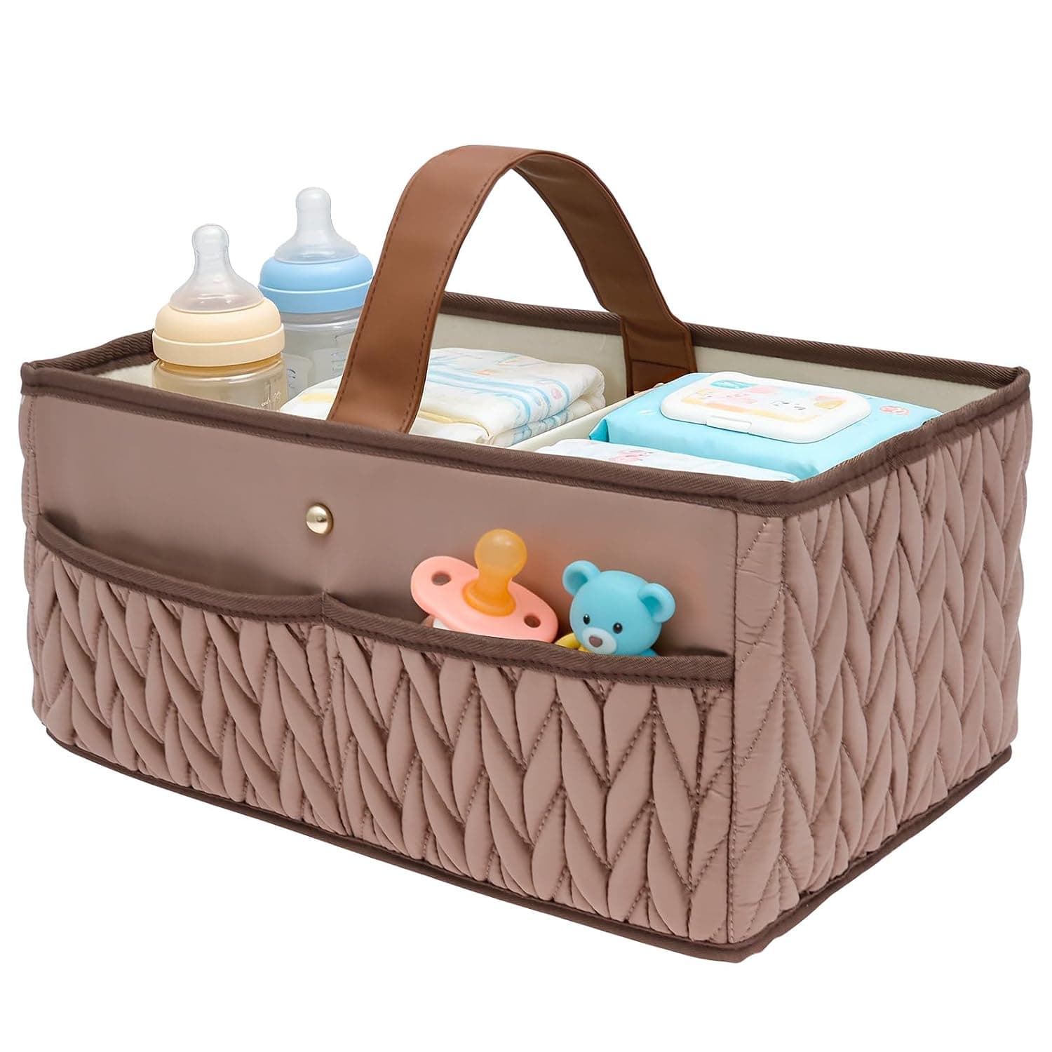 Diaper Organizer, Nursery Storage Basket with Compartment Portable Nappy Caddy with Wide Handle and Pocket for Diaper Wipe Spare Clothes Baby Essential for Changing Table Nursery Bag