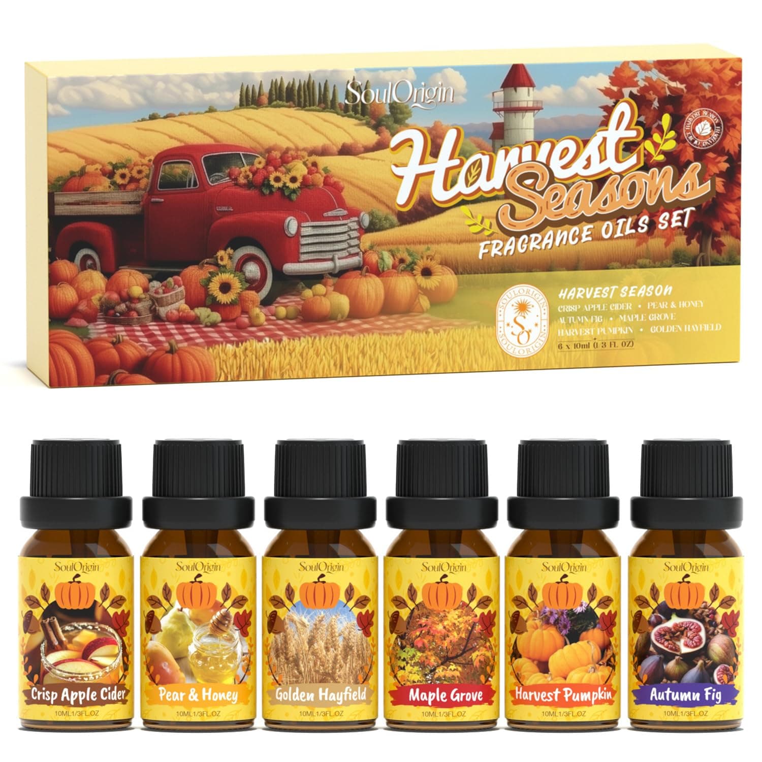 SoulOrigin Autumn Harvest Essential Oils Set, Fragrance Oil Set for Oil Diffusers, Fragrance Oils for Soap Candle Making 6 x 10 ml - Cuddly Apple Cider, Pear & Honey, Autumn Fig, Maple Grove