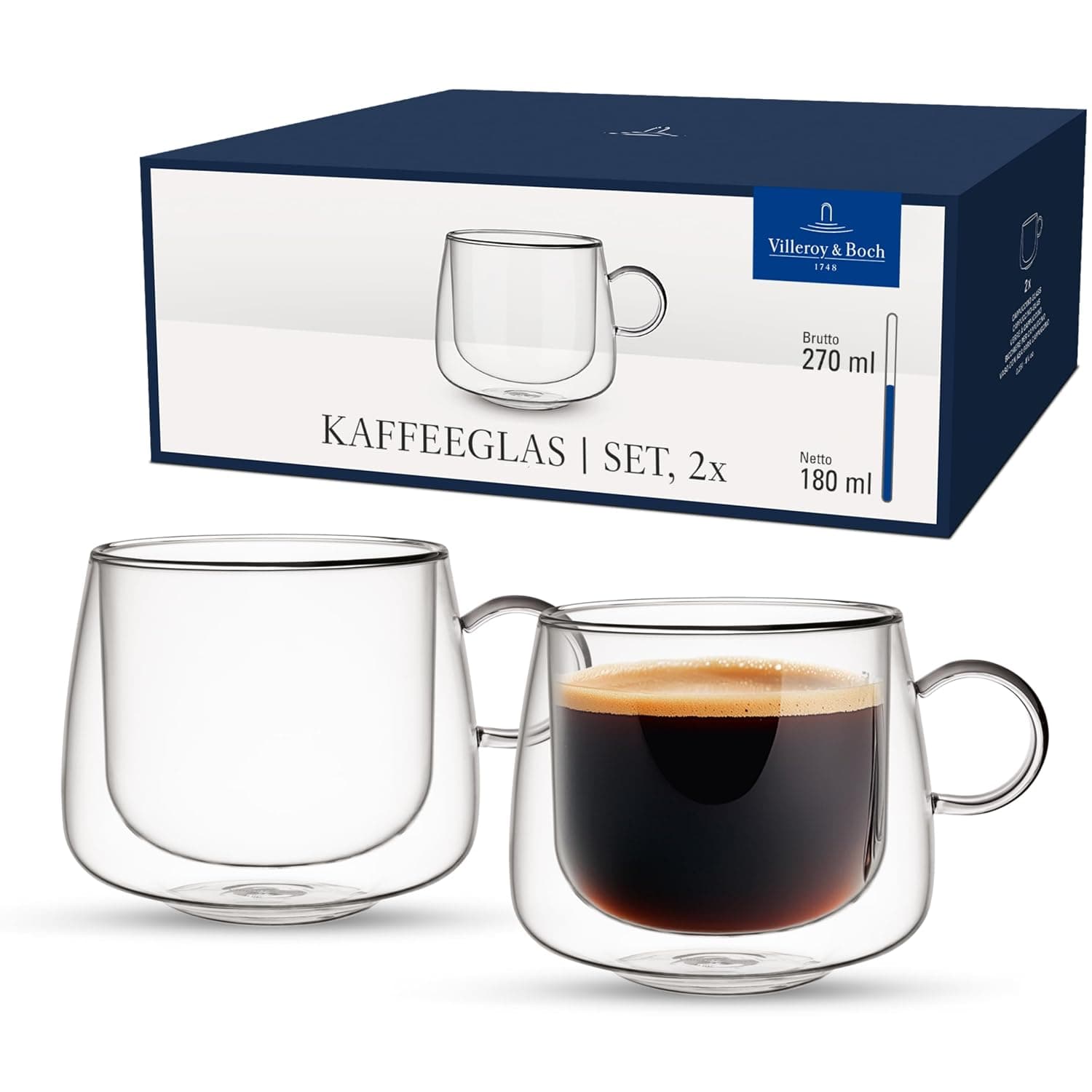 Villeroy & Boch Artesano Double-Walled Hot & Cold Beverages Coffee Glasses Set of 2, 180 ml, Borosilicate Glass, Dishwasher & Microwave Safe