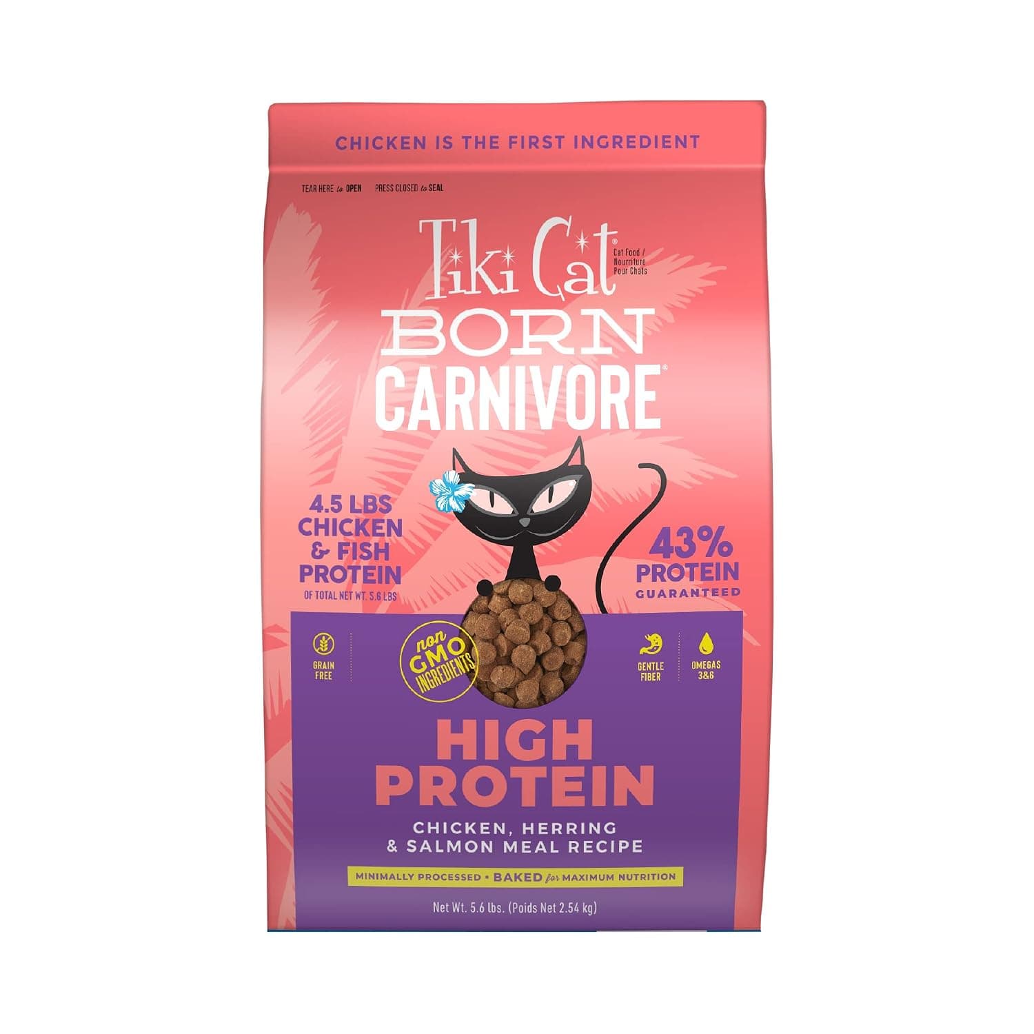 TIKI PETS Tiki Cat Born Carnivore Chicken & Herring Grain Free Dry Food Gluten Free, 5.6 lbs. (47022) | Dry Cat Food, Baked Kibble to Maximize Nutrients, High Protein, Real Chicken, Herring & Salmon Meal, 5.6 Lbs. Bag