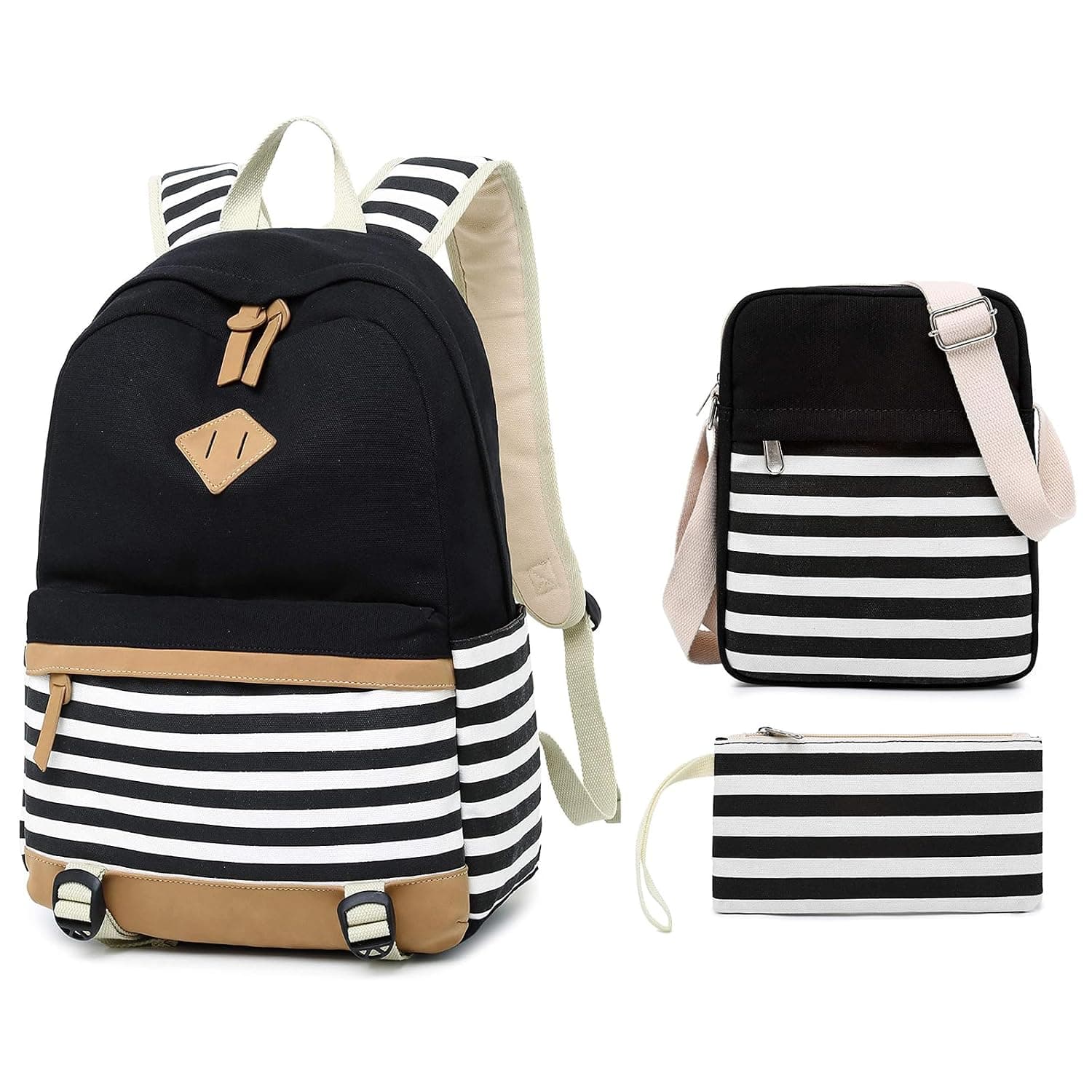 Girls Canvas Backpack Set with 15.6 Inch Laptop Compartment,3-Piece Striped SchoolBag with Cross-body Bag and Pouch
