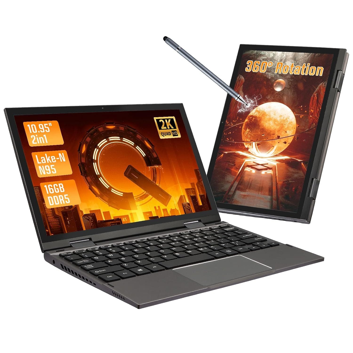Mini Laptop, 10.95 Inch Ultrabook, 2000 * 1200 Touch Display, Celeron N95 (up to 3.4 GHz), 16 GB DDR5 RAM, 512GB SSD, Convertible, Windows 11, 2X Type-C, BT 5.0 (Gray, 16G+512G SSD)