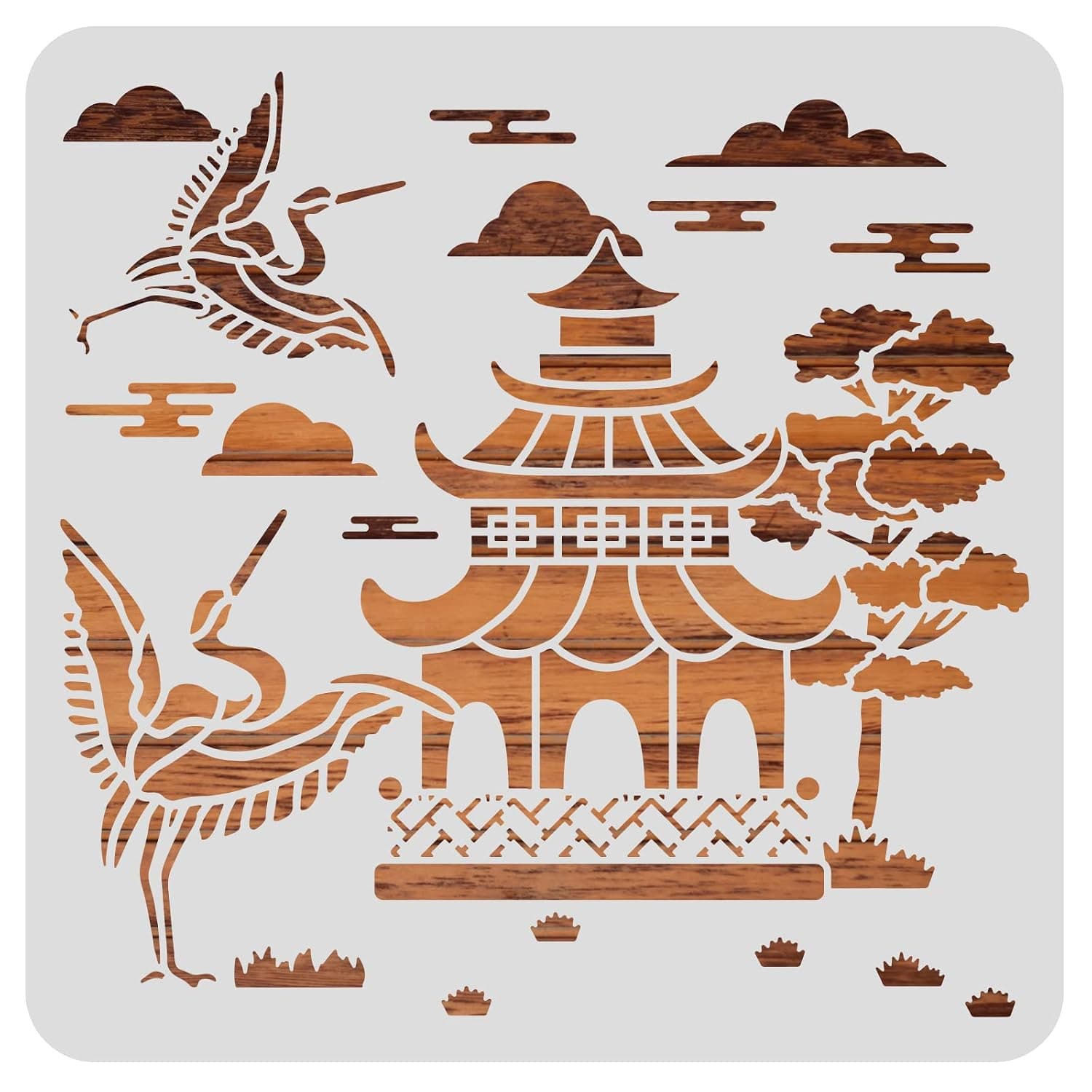 BENECREAT 12x12inch Oriental Theme Plastic Painting Templates, Pagoda Crane Pattern Drawing Stencils for Scrapbook Decoration DIY Crafts