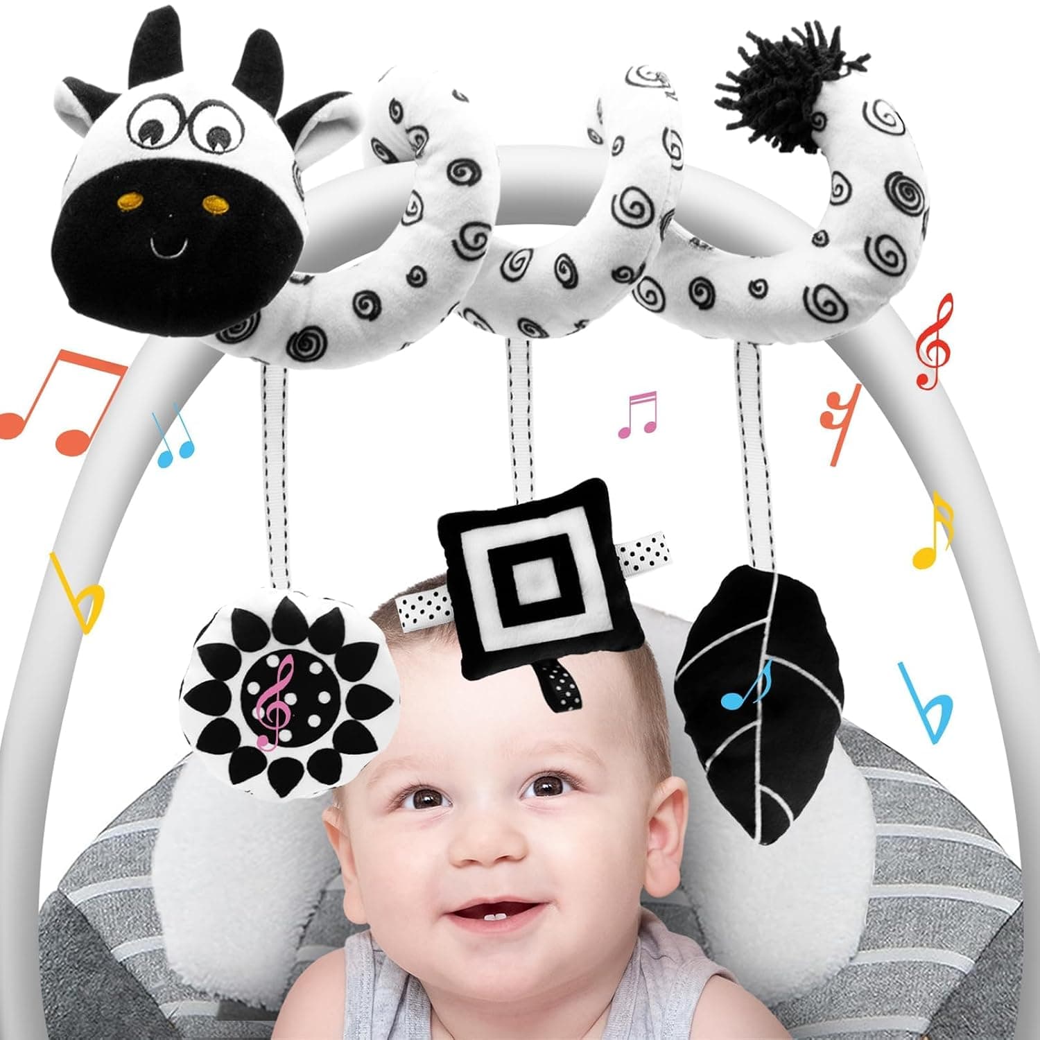 Spiral Car Seat Baby Toy, High Contrast Sensory Hanging Toy for Infants 0 to 12 Months, Stroller Accessory with Cute Cow Design, Newborn Shower Gift and Baby Essentials for Boys Girls