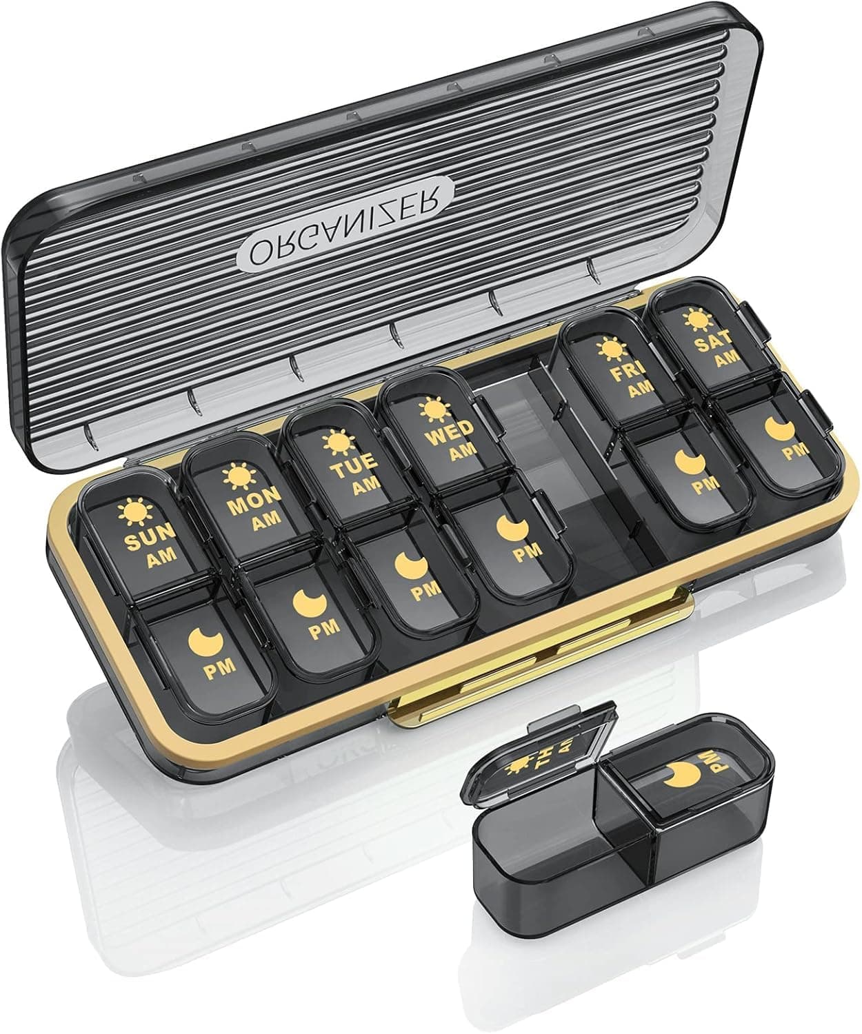 Pill Organizer 2 Times A Day, 7 Day Am Pm Pill Box - Acedada Weekly Pill Organizer Twice A Day, Portable Removable Daily Medicine Container Dispenser Case for Vitamin Fish Oil Supplement, Black Grey