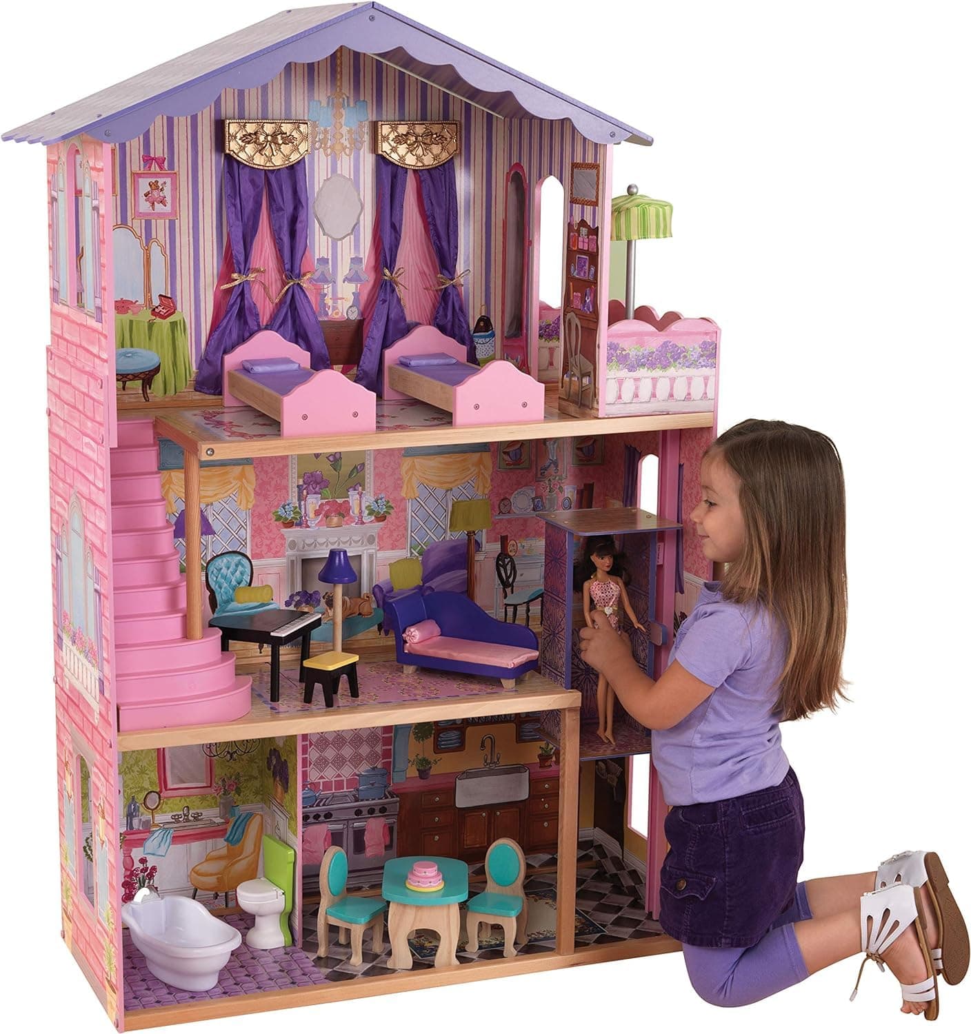 KIDSAVIA® - Wooden Dollhouse (107cm Tall) with Furniture Cute Toy- Dream House Cottage with 11 Pcs Furniture Accessories 3 Storey Play Set Gift for Ages 3+ (87 * 34 * 107 cm)