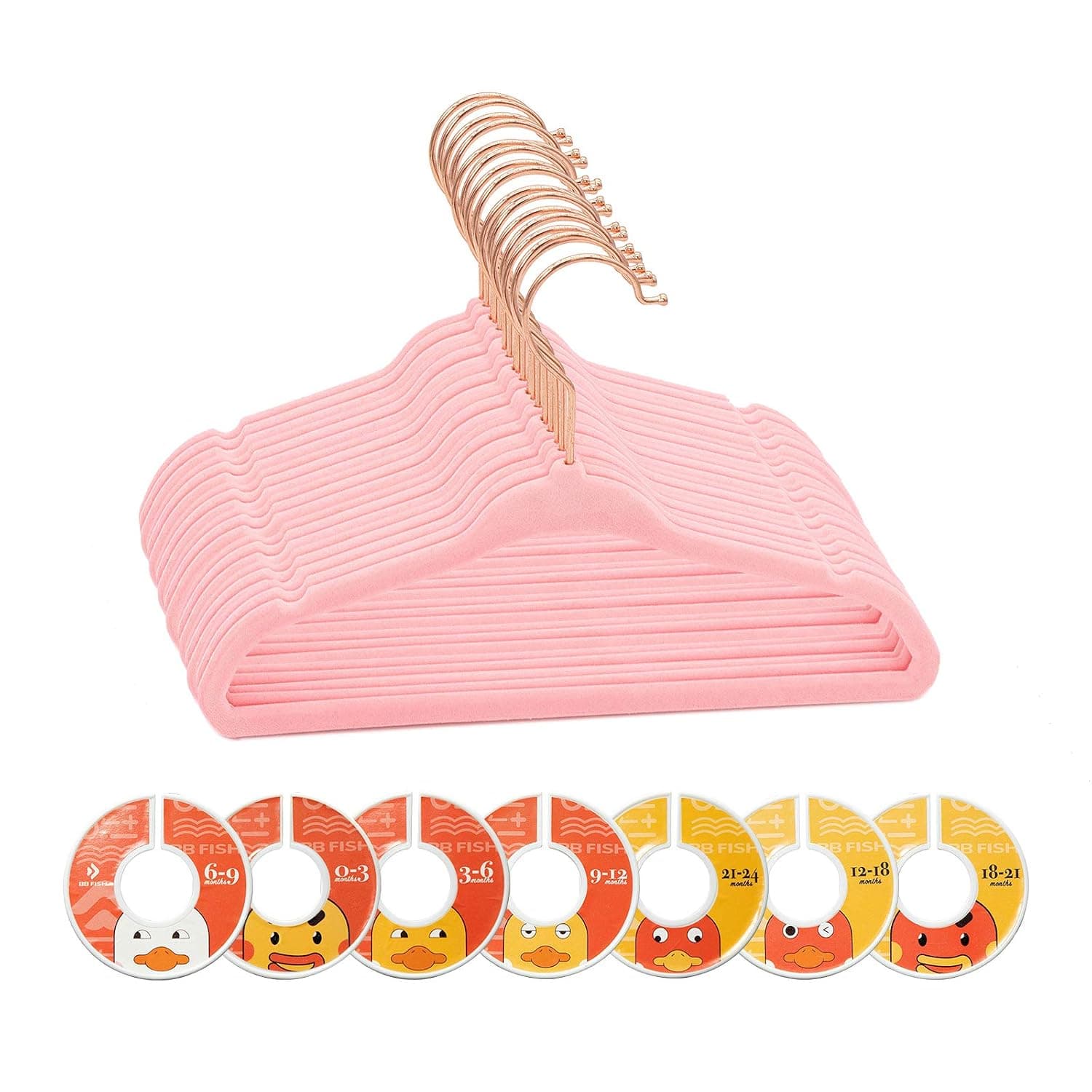 Kids Velvet Hangers with Rose Gold Hooks, 50 Pack Children Clothes Hangers Ultra Thin Non Slip Clothes Racks with 7 Pcs Baby Clothing Dividers