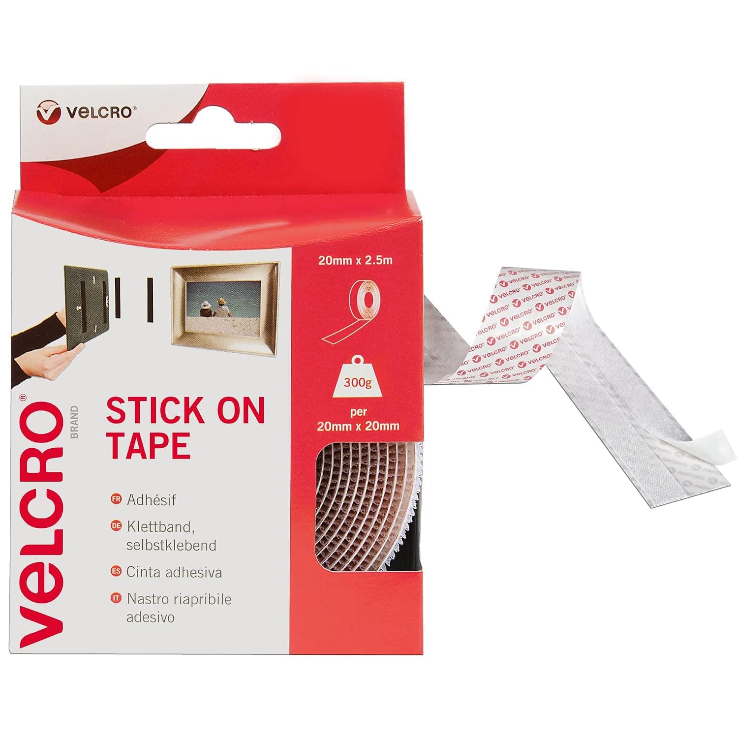 VELCRO Brand Stick On Tape, Cut-to-Length Strong Hook & Loop Self Adhesive Sticky Tape Perfect for Room Décor & Home, Office, Garage Use White, 20mm x 2.5m