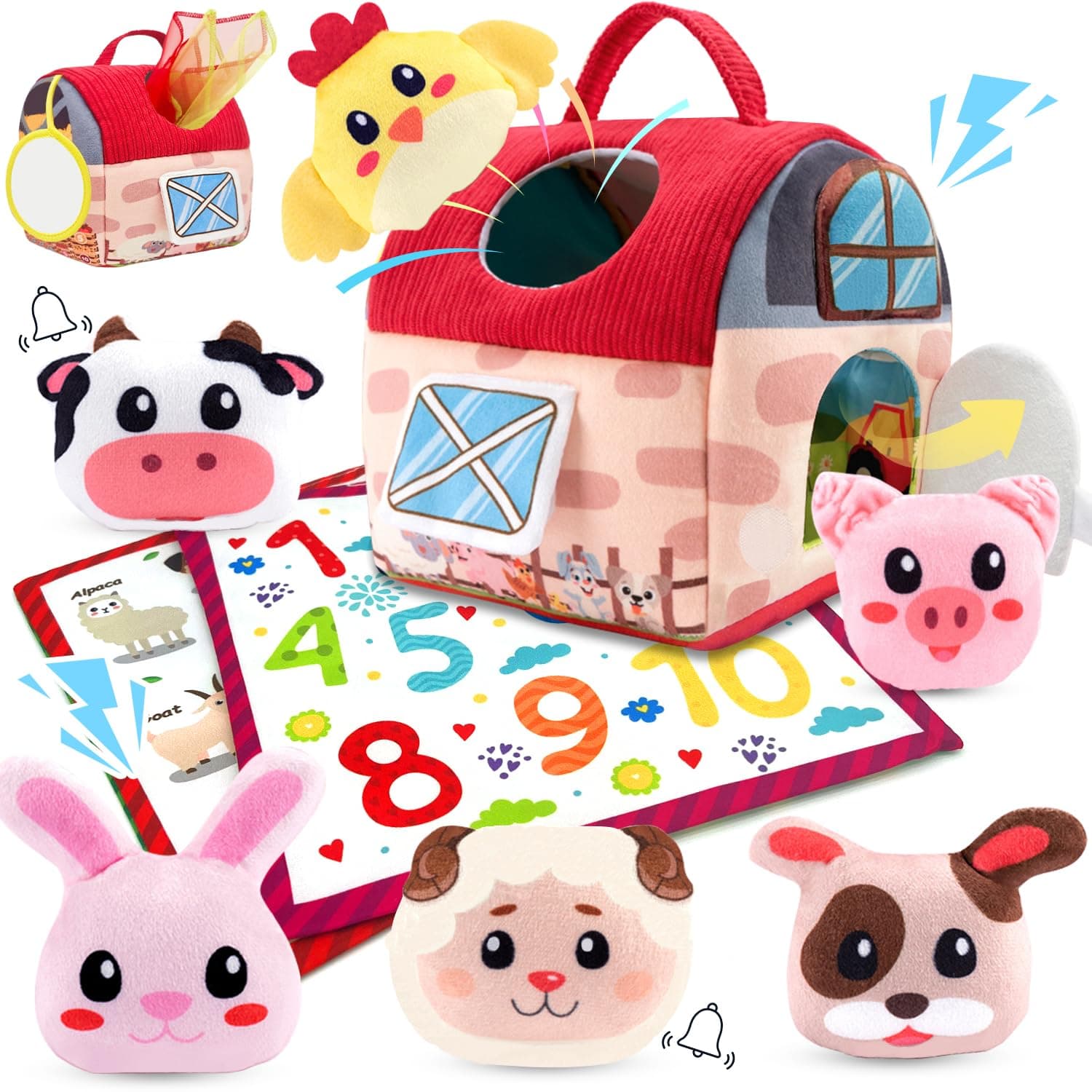 Baby Toys 6-12 Months, Barn Toy with Stuffed Farm Animals, Rattle, Soft Paper, Mirror, Montessori Sensory Toy for Babies Boys Girls 1 2 3 Year Old, Birthday Gift for Infants Toddlers