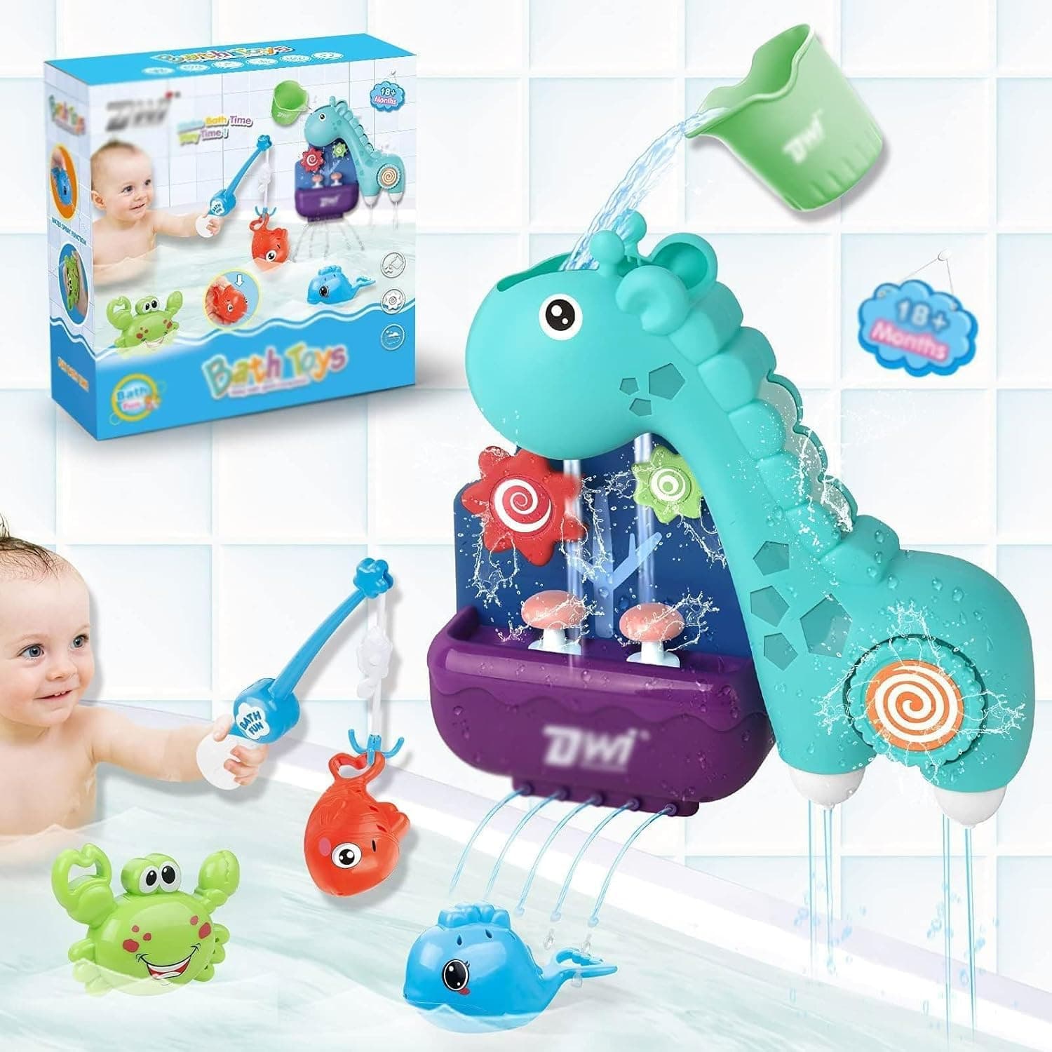 Joyzzz Baby Bath Toys, Giraffe Waterfall Bathtub Set with Fishing Game and Water Squirter Toys, Fun Bath Time Toys Gift for Toddlers, Kids 18 Months and Up