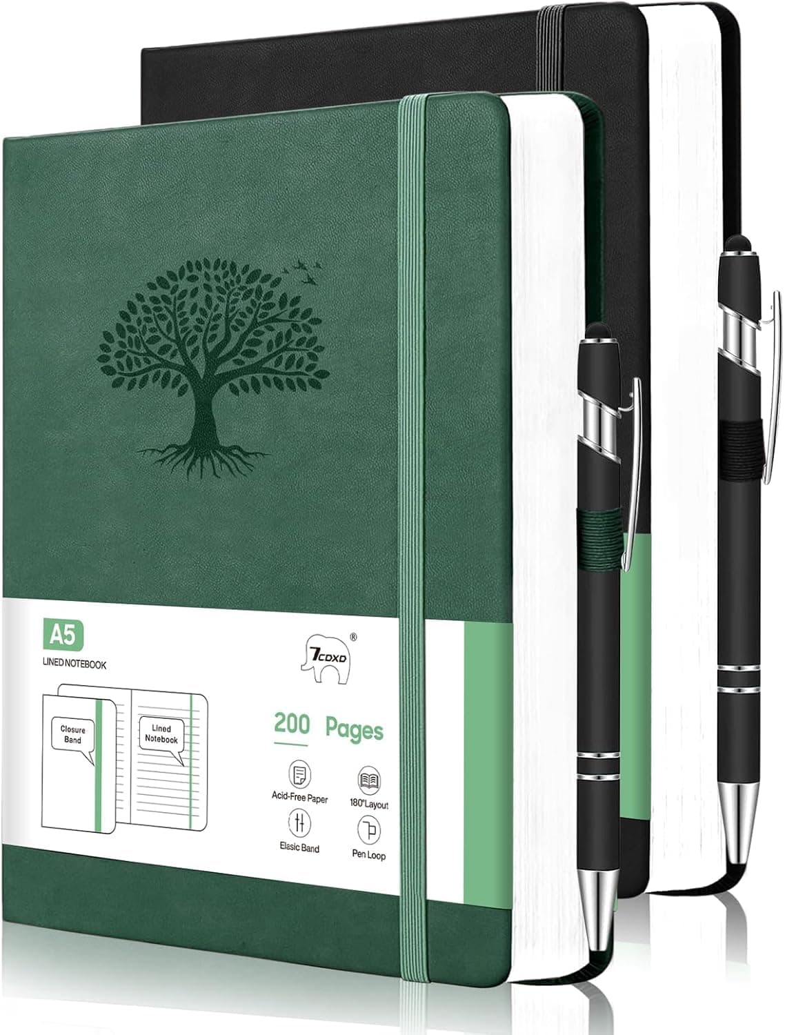 2-Pack A5 Hardcover Leather Notebooks with 2 Pens, Lined Notebook,200 Pages total, 100gsm Thick Paper, for Men Women Students Office Business, 14.6 x 21.3 cm (5.75" x 8.38"),Green & Black