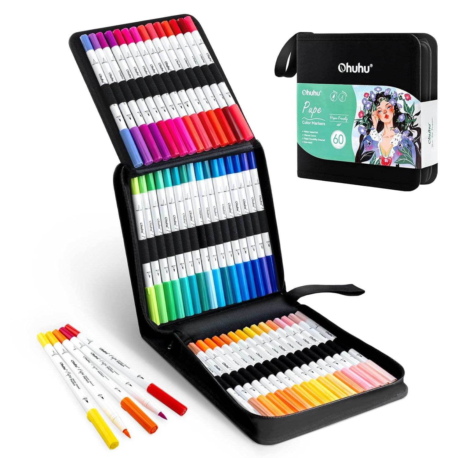 Ohuhu Markers Paper-friendly No Peeling Water-based 60/120 Colors Brush & Fineliner Tips Markers for Adult Coloring Books No Bleeding Coloring Marker for Kids Beginner Calligraphy - Pupe (60 Colors)