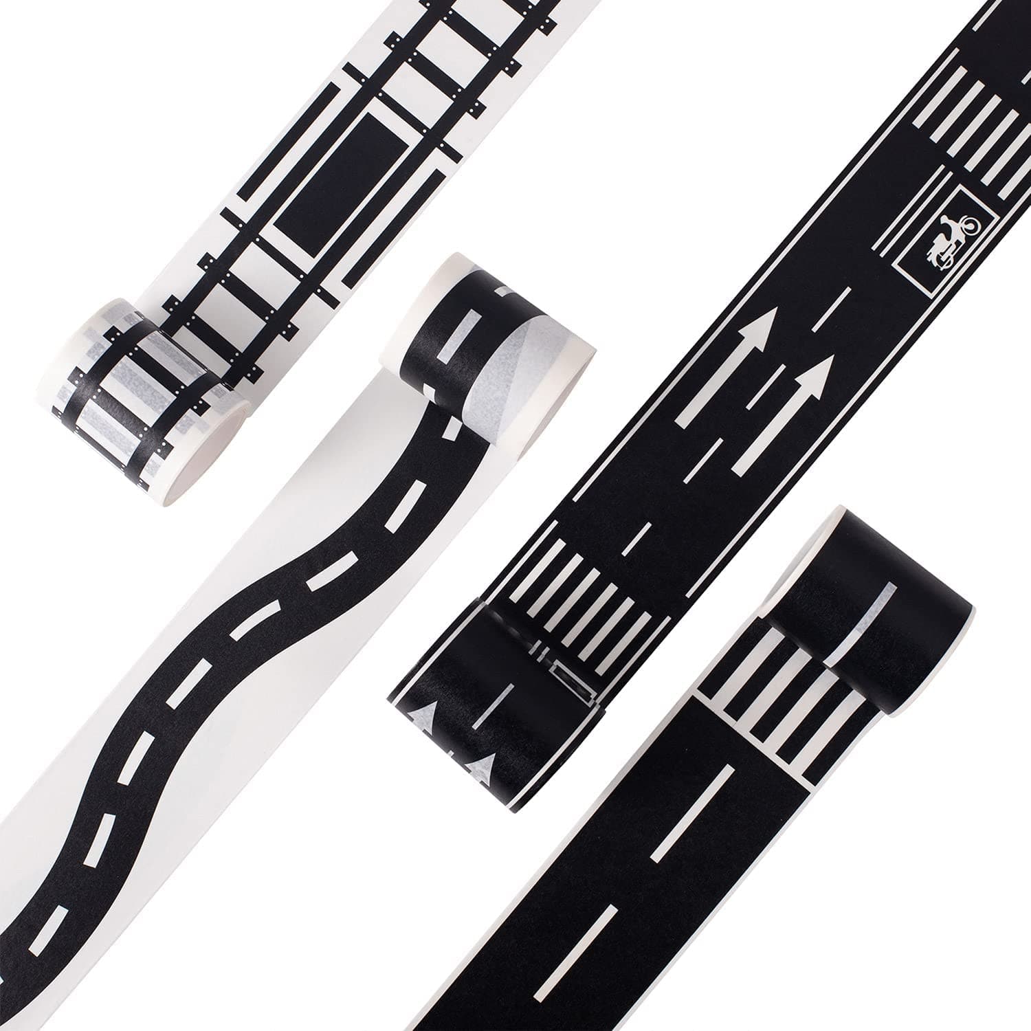 YelaJoy 4 Rolls Road Tape, Black and White Decorative Masking Ribbon, Highway Pattern Play Track for Toy Cars, Craft Adhesive Strips used in DIY Scrapbooking Journaling Designs