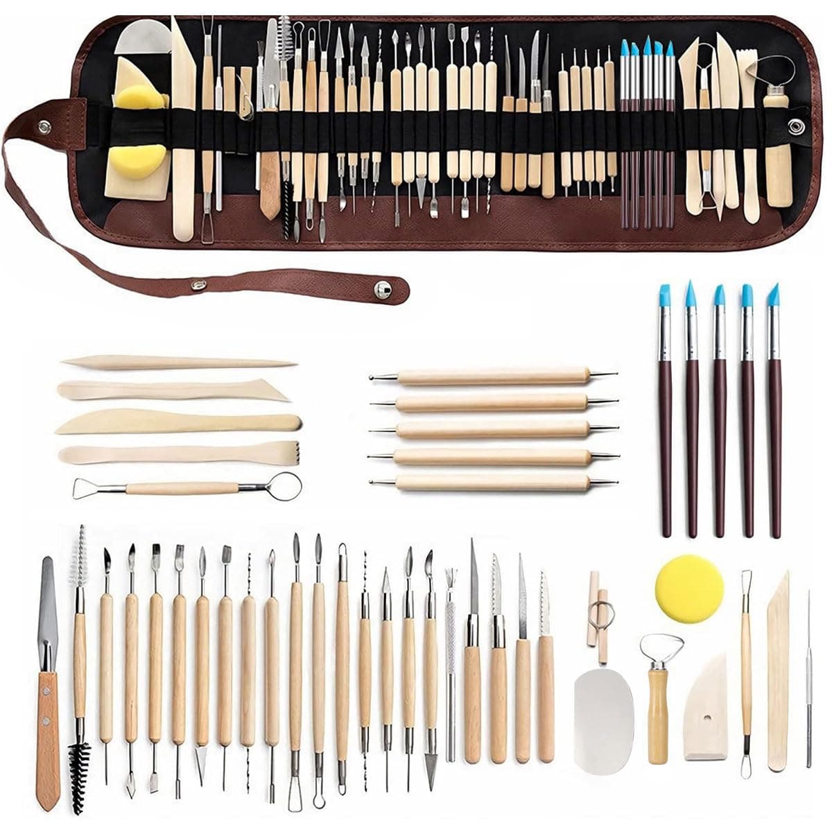 Polymer Clay Sculpting Kit - 46PCS Ceramic Carving Tool Set With Wooden Handles for Air Dry Clay, Pottery Craft, Drawing, Dotting, Molding, Modeling and Shaping For Adults and Kids