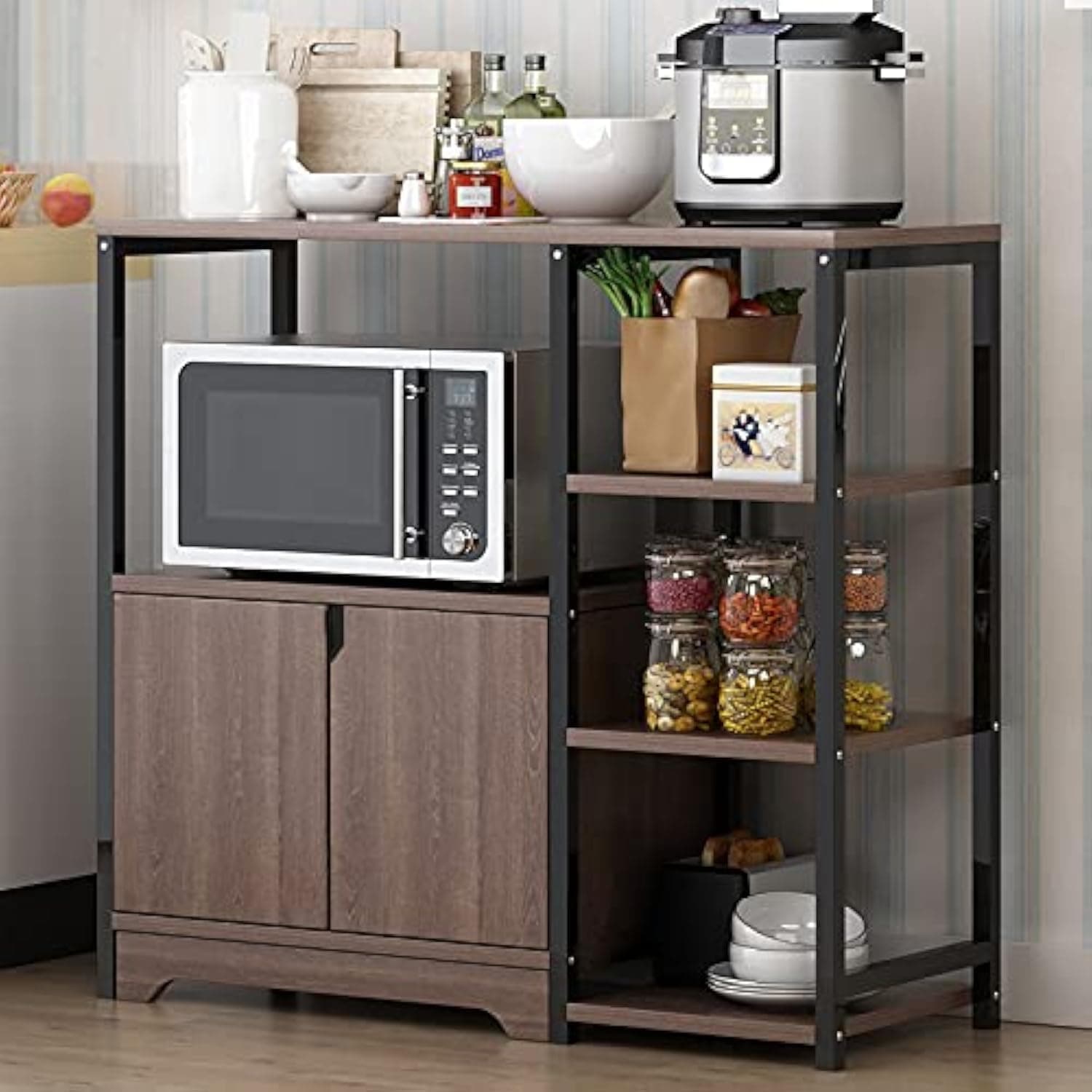 3-Tier Microwave Oven Stand with Storage Cabinet,Multi-layer Kitchen Storage Rack for Spice,Utensils, Vegetable, Fruit,Black
