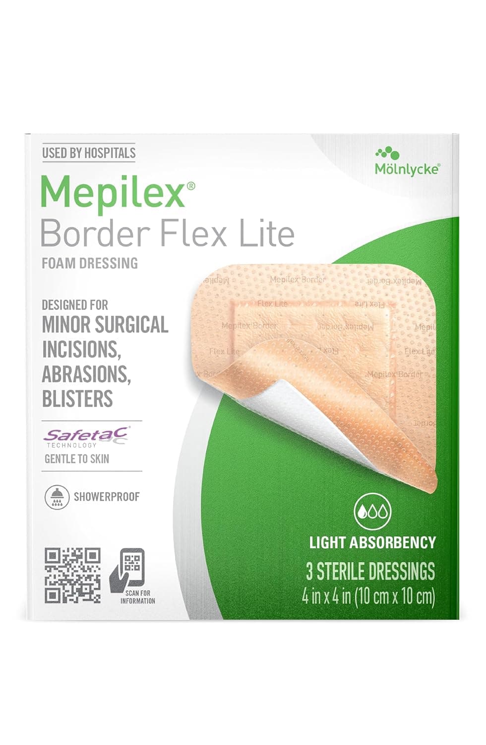 Mepilex Border Flex Lite 4x4 in (10x10 cm) Hospital Grade Dressings for Minor Surgical Incisions, Abrasions and Blisters for up to Several Day Use | Trusted by healthcare for decades, designed for a wide range of advanced wounds, showerproof, may be worn for multiple days*