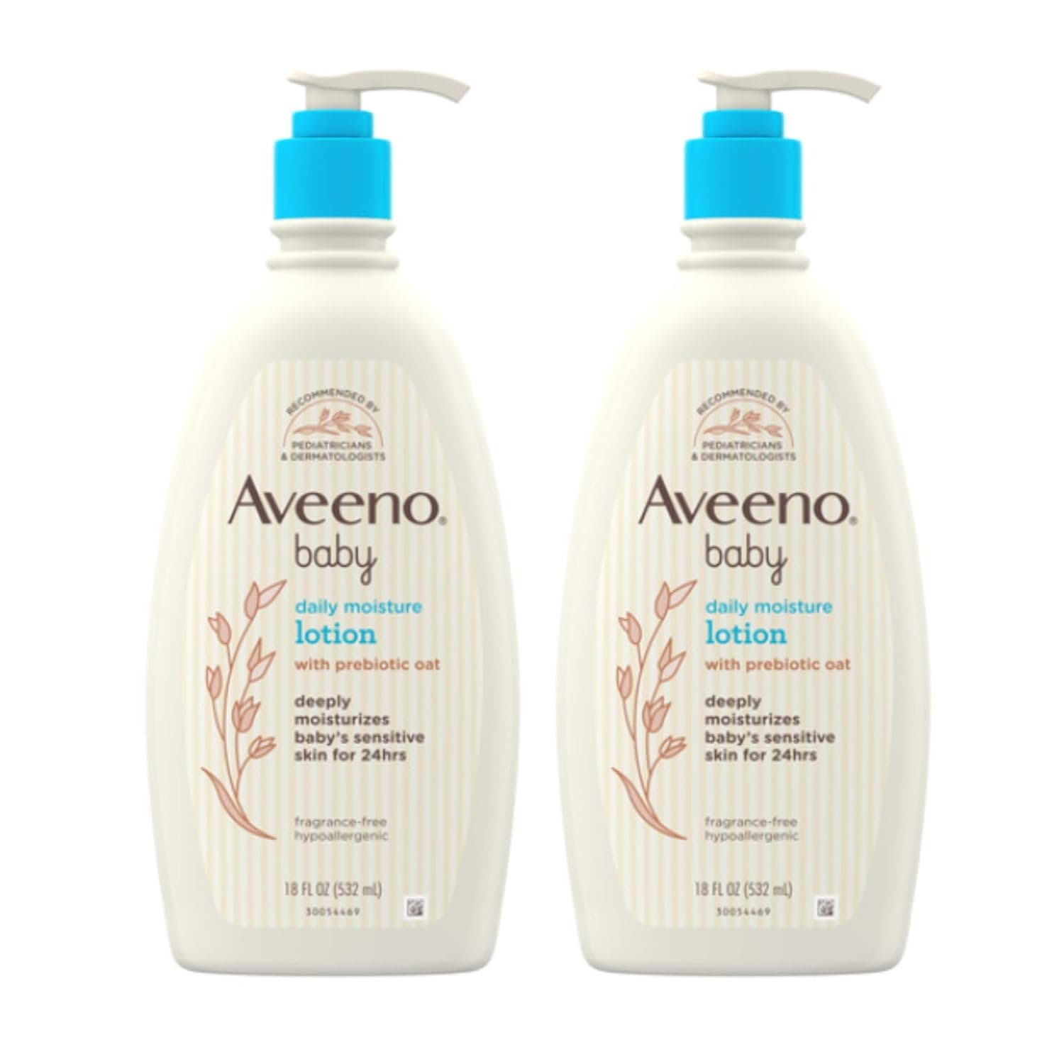 Aveeno Baby Daily Moisture Body Lotion for Sensitive Skin, Hypoallergenic Moisturizing Baby Lotion with Nourishing Oat to Deeply Moisturize Baby's Skin, Fragrance-Free, 18 fl. oz, 2 Pack | Baby Lotion Deeply Moisturizes Skin, Suitable for Sensitive Skin, Formulated Nourishing Oat, Hypoallergenic