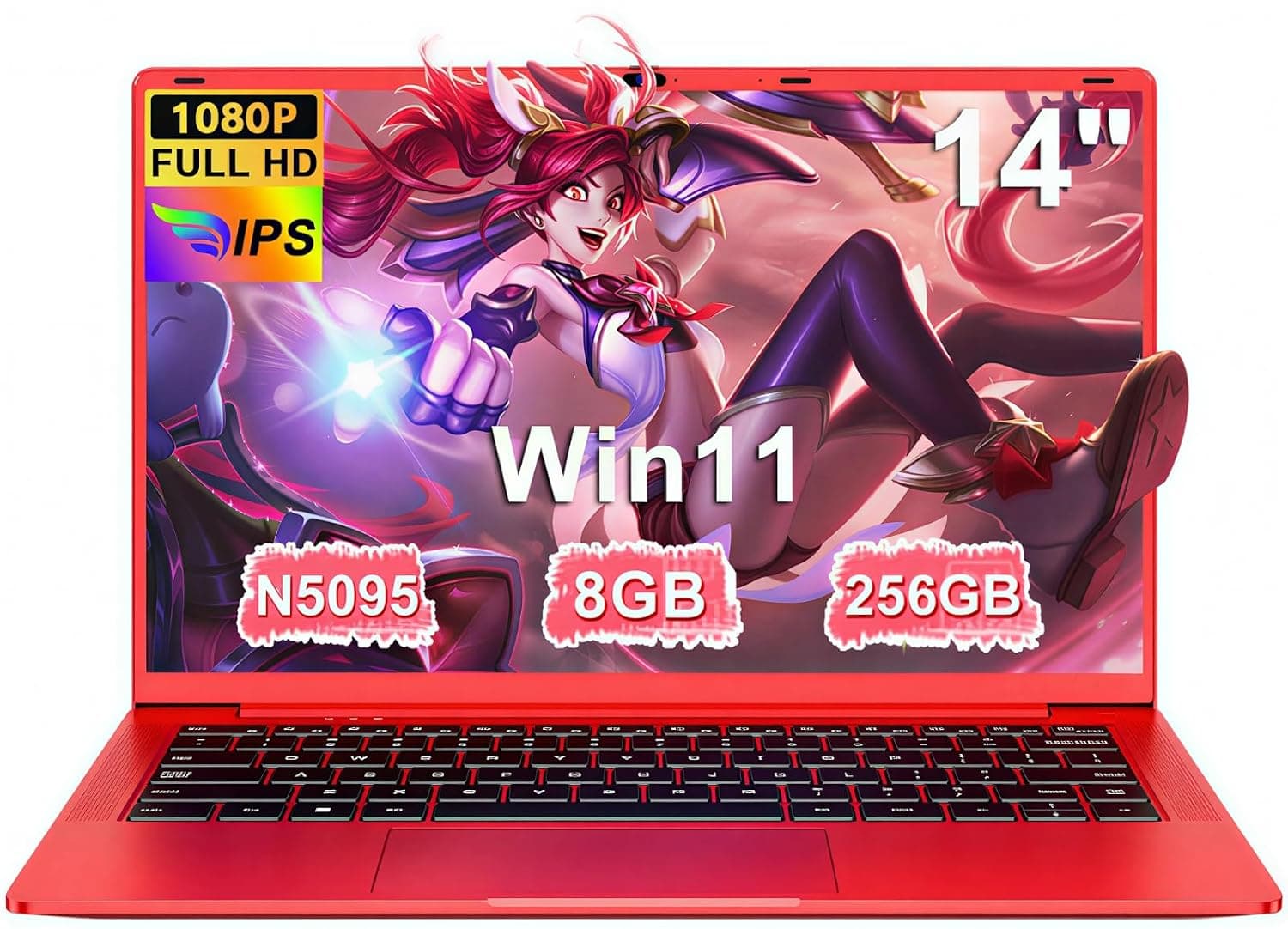 Ruzava Laptop 14 Inch FHD IPS Display, Win11, Celeron N5095 (up to 2.9 GHz), 8 GB RAM 256 GB SSD Support 1TB, 5G WiFi, USB 3.0, 5000 mAh, HDMl, Notebook PC QWERTY German Keyboard Film - Red Metal