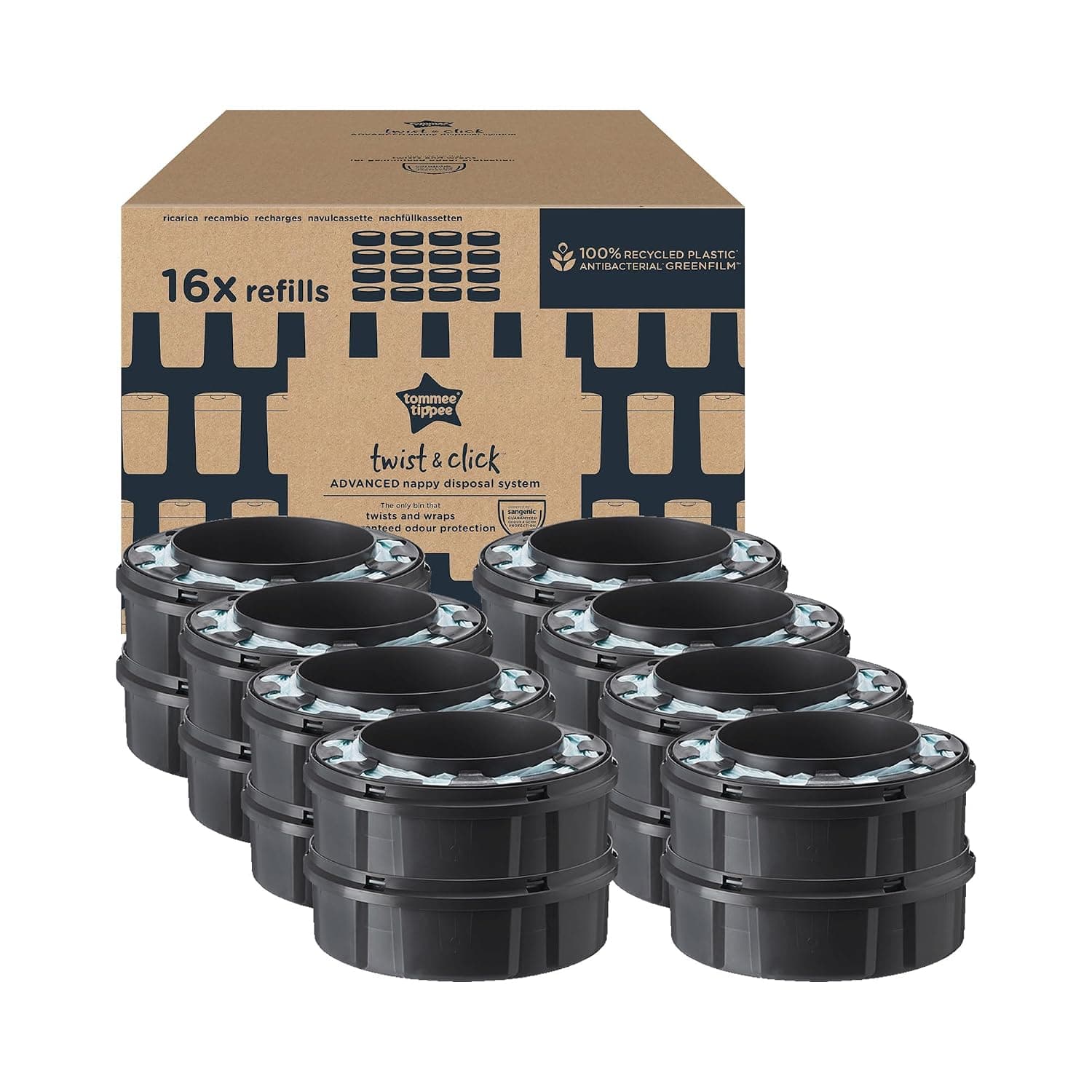 Tommee Tippee Twist & Click Advanced Nappy Containers, Original Refill Cassettes, Exclusive 16 Pack, for Easy Refills and Great Value (Packaging May Vary)