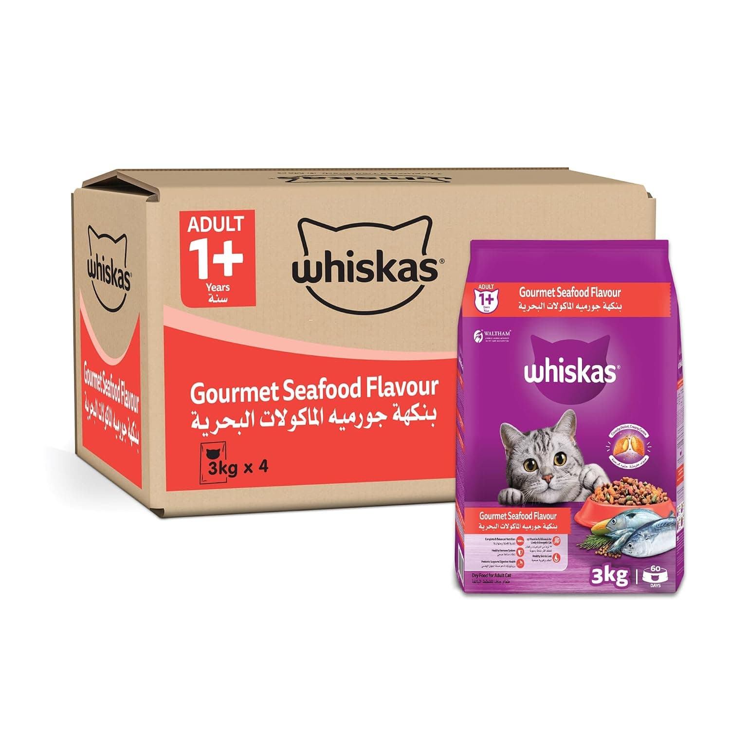 Whiskas Dry Cat Food Gourmet Seafood, Pack of 3 x 4 kg, Adult Cats 1+ Years, Dry Cat Food, Great Taste for Cat Health and Activity