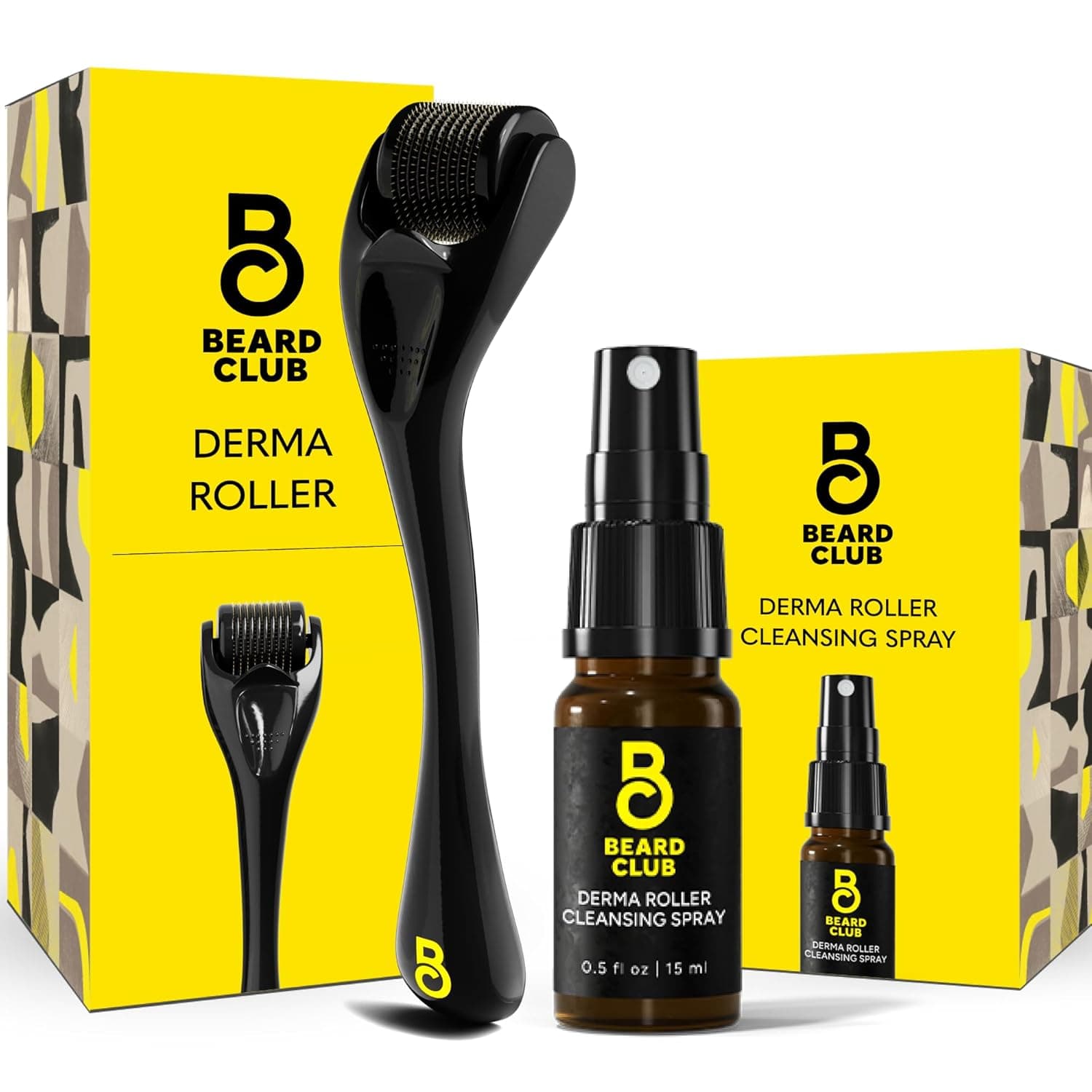 ذا بيرد كلوب مجموعة ديرما رولر وسبراي التنظيف - بكرة ميكرونيدلينج للحية وفروة الرأس والوجه مع بكرة لحية ومنظف الابر الدقيقة - جهاز ابر دقيقة في المنزل للرجال والنساء