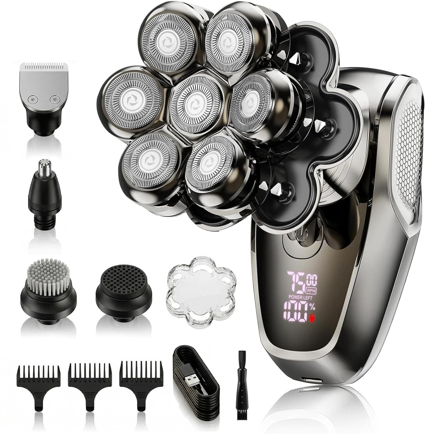 ماكينة حلاقة راس 7 دي للرجال الصلع من انتاكسبانس، ماكينة حلاقة كهربائية مغناطيسية مطورة قابلة للفصل، ماكينة حلاقة دوارة مقاومة للماء بدرجة IPX7 للاستخدام الرطب والجاف مع شاشة LED، مجموعة حلاقة