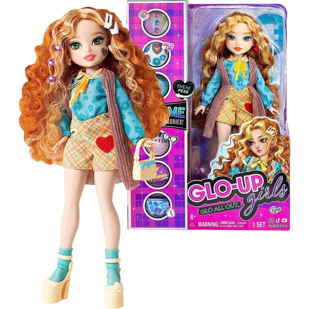 Far Out Toys GLO-UP Girls Season 2 Rose Redhead Fashion Doll, Dazzling Jewelry, Hair Gems, Accessories, Fashions, Face Stickers, Makeup, Nails