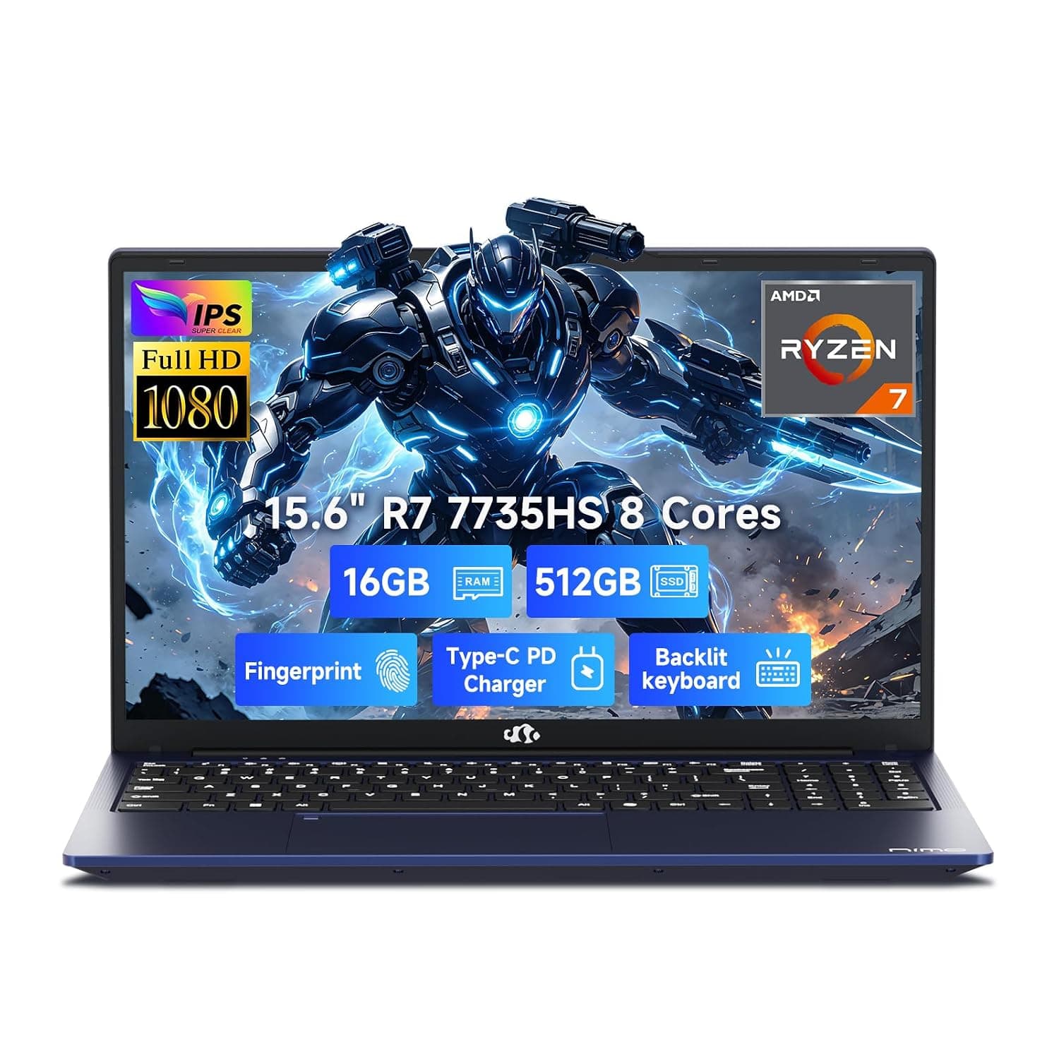 NIMO Light-Gaming-Laptop, Ryzen 7 7735HS (Beats i7-12650H), 16GB DDR5 1TB SSD, 100W PD, Radeon 680M 15.6" FHD Backlit KB Fingerprint Computer for Business Gaming College School