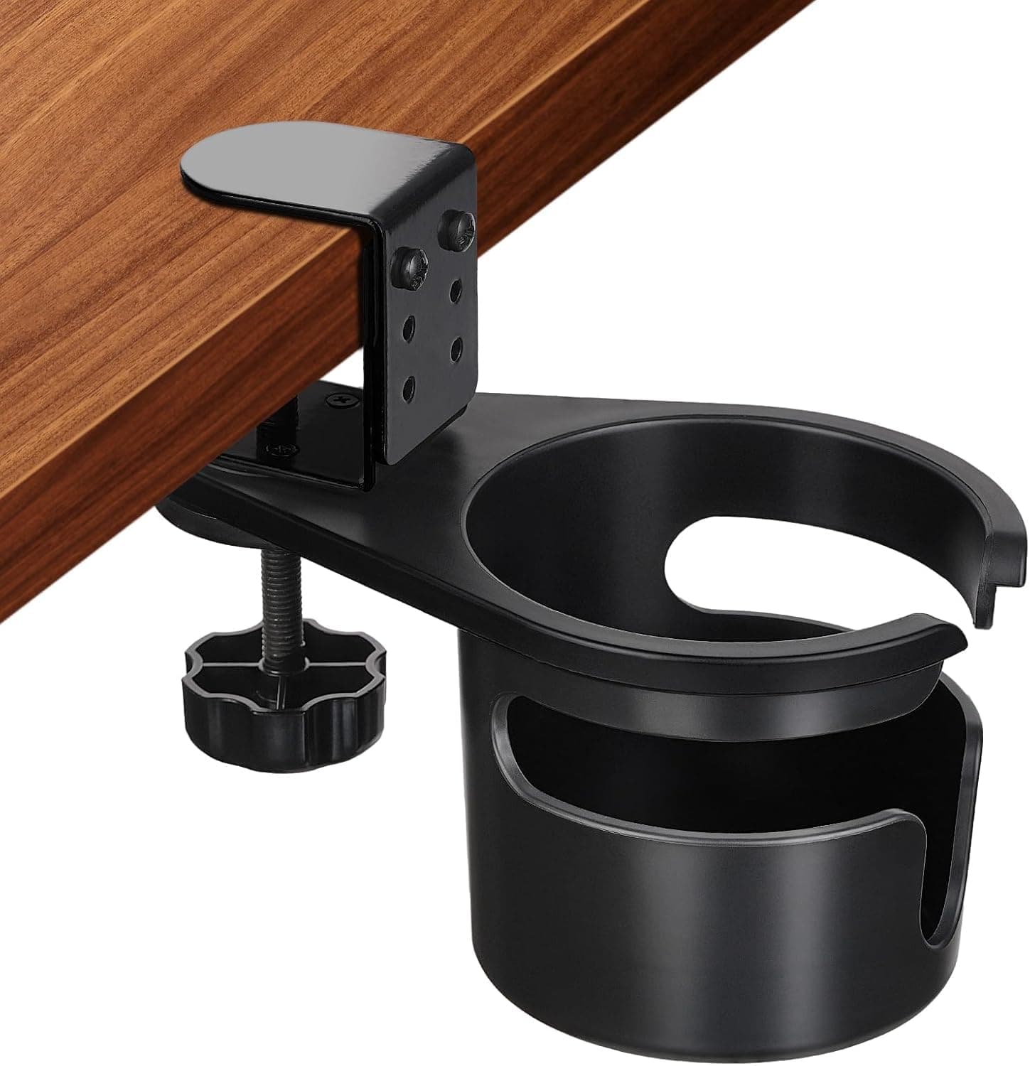 Desk Cup Holder, Anti-Spill Clip-On Drink Holder Clamp for Coffee Mug, Rotatable Water Bottle Stand for Office & School Desk, Compatible with Cups, Bottles, and Mugs (Black)