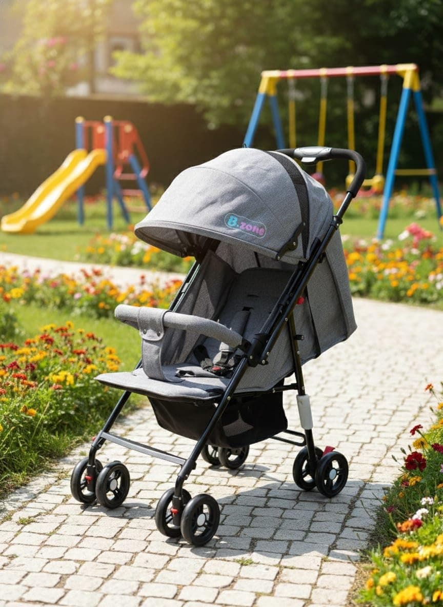 Baby Zone Stroller - Light Travel Stroller with Front Guardrail, Wide Canopy, Mesh Ventilation Window - Easy Fold - Comfortable Seat with Footrest - Double Shock Absorption Wheels (Gray -AT04-GREY)