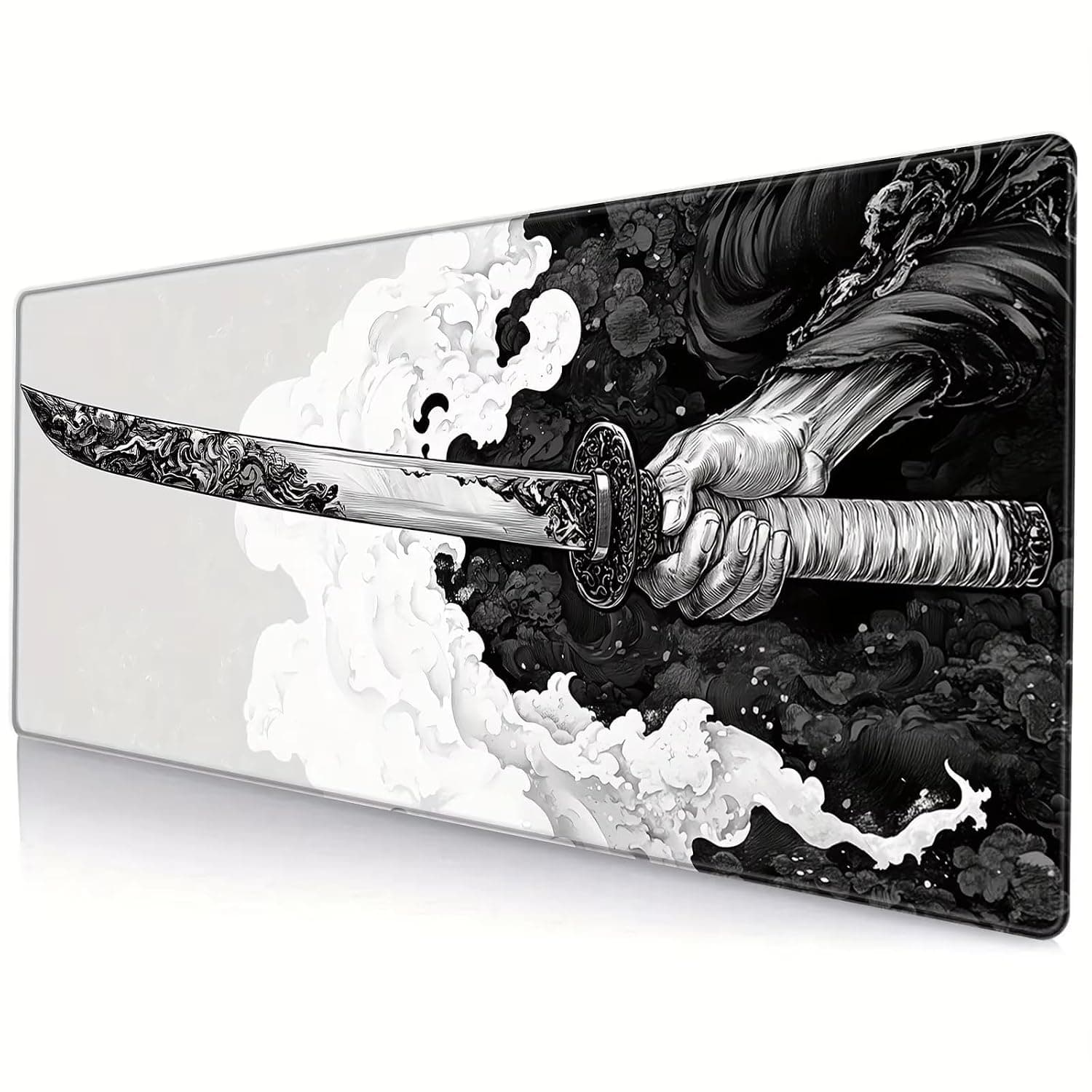 Gaming Mouse Pad, Large Non-Slip Rubber Base, Extended Desk Mat for Home Office, Gaming Room, 400x900x3mm, Stitched Edges, Black and White, Japanese Style