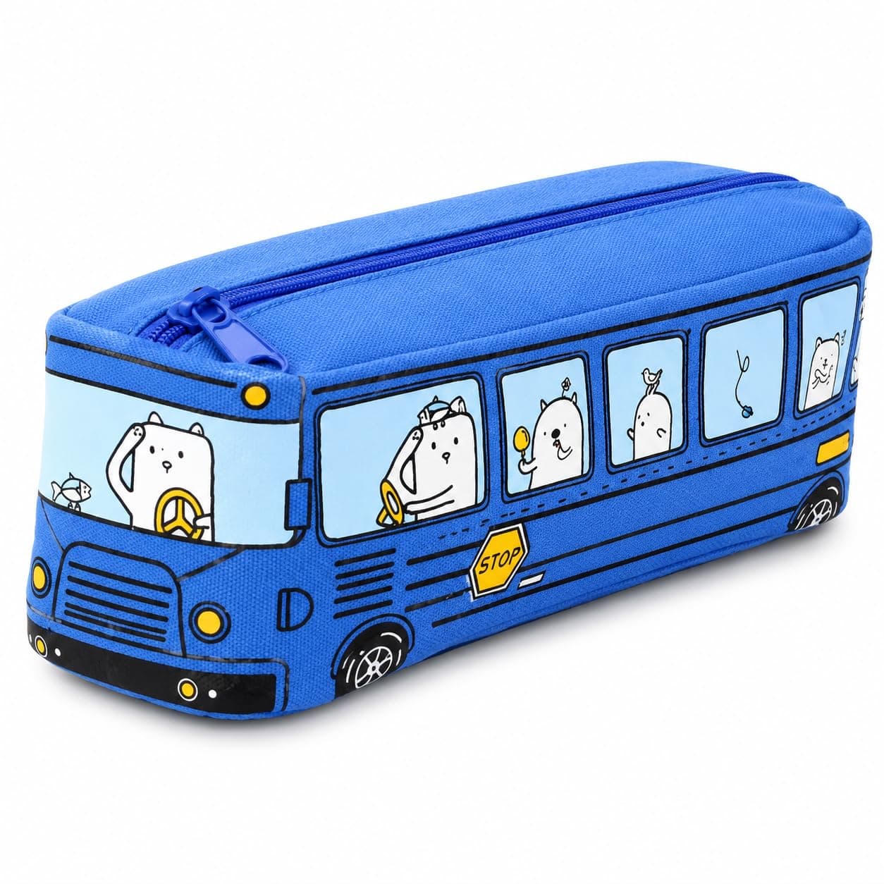 Blue School Bus Pencil Case for Kids, Large Capacity Zipper Pencil Pouch & Stationery Organizer, Cute Pen Bag for Boys, Girls & Teens, School Supplies Storage Holder