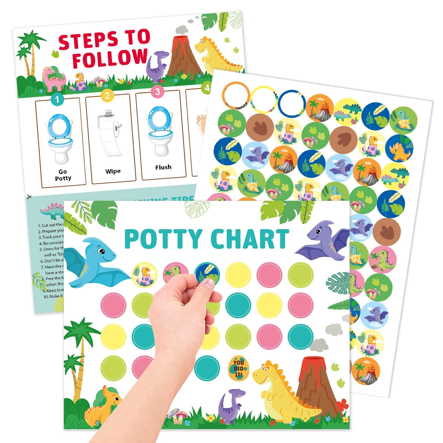 ALMEKAQUZ Potty Training Chart for Toddler, Potty Chart for Boys with Stickers, Sticker Chart for Kids Potty Training, Reward Sticker Chart for Preschool Boys Girls Kids (Dinosaur)