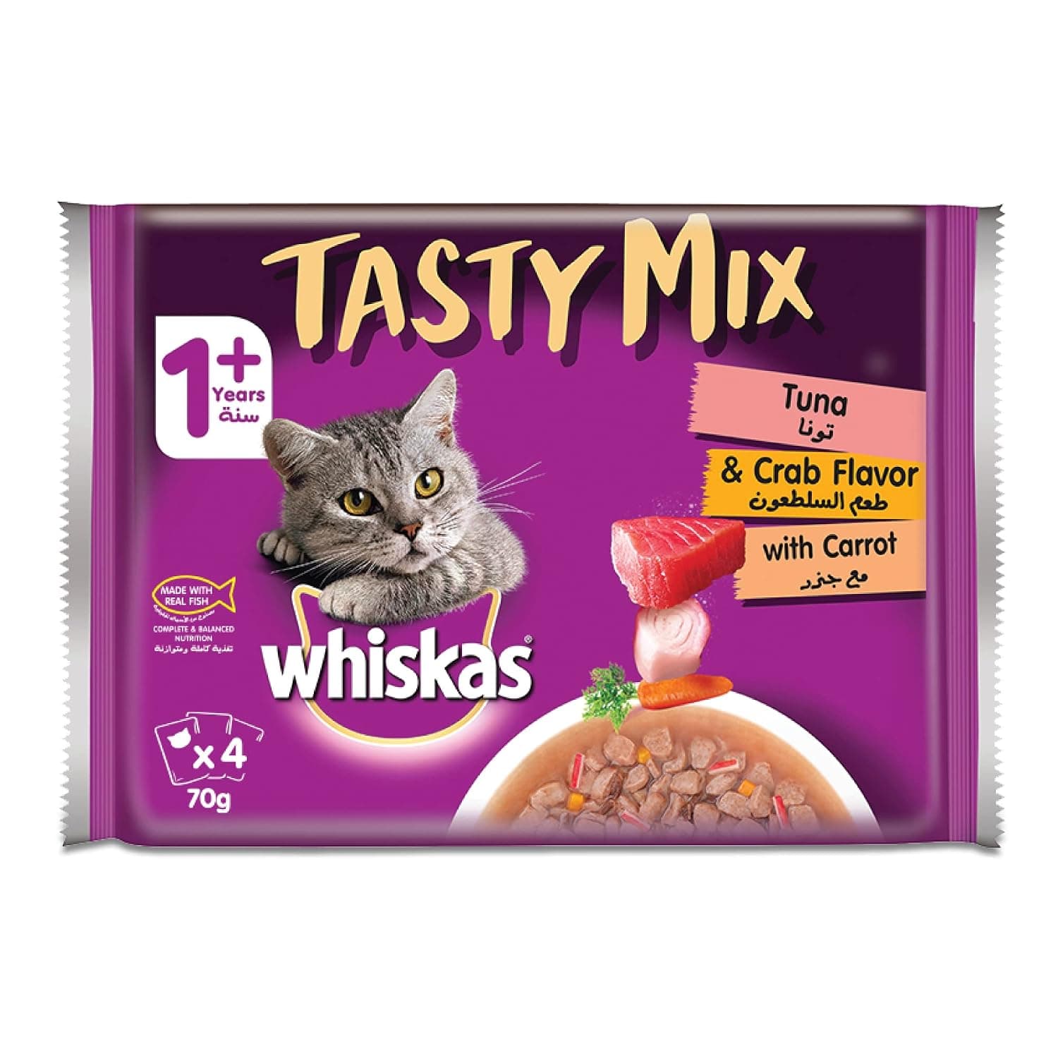 Whiskas Tasty Mix, Tuna & Crab Collection, in Gravy, Wet Cat Food, for Adult Cats 1+ Years, 4 Packs of Tuna & Crab with Carrots, Made from Real Fish for a Complete & Balanced Nutrition, Pack of 4x70g