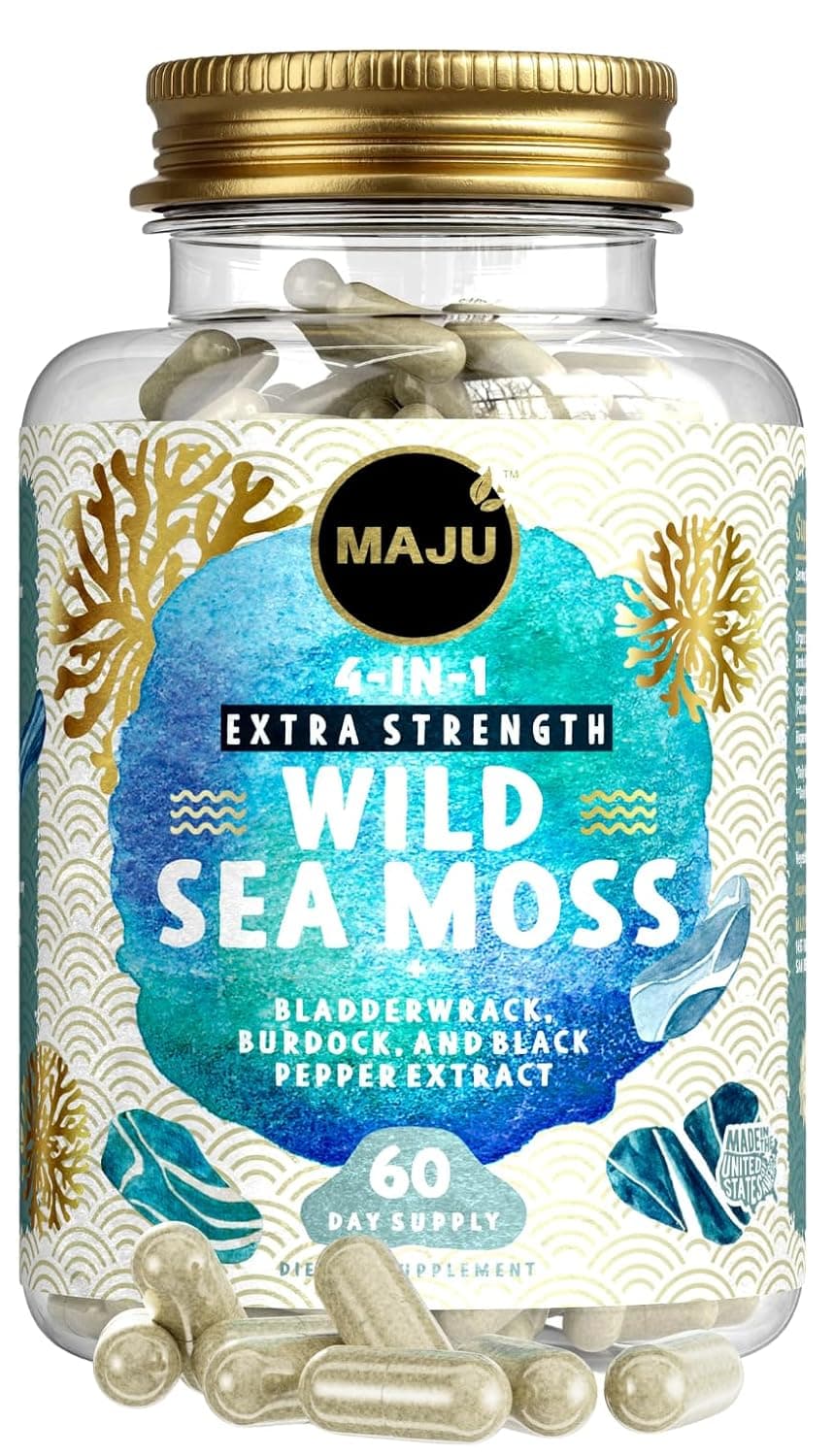 MAJU 4-in-1 Organic Sea Moss Capsules, Wild Chondrus Crispus, Seamoss w/Bladderwrack + Burdock Root, Stronger Than Gel, Irish, Sebi Inspired Raw Powder in Pills, 500 mg Capsule (60 ct)