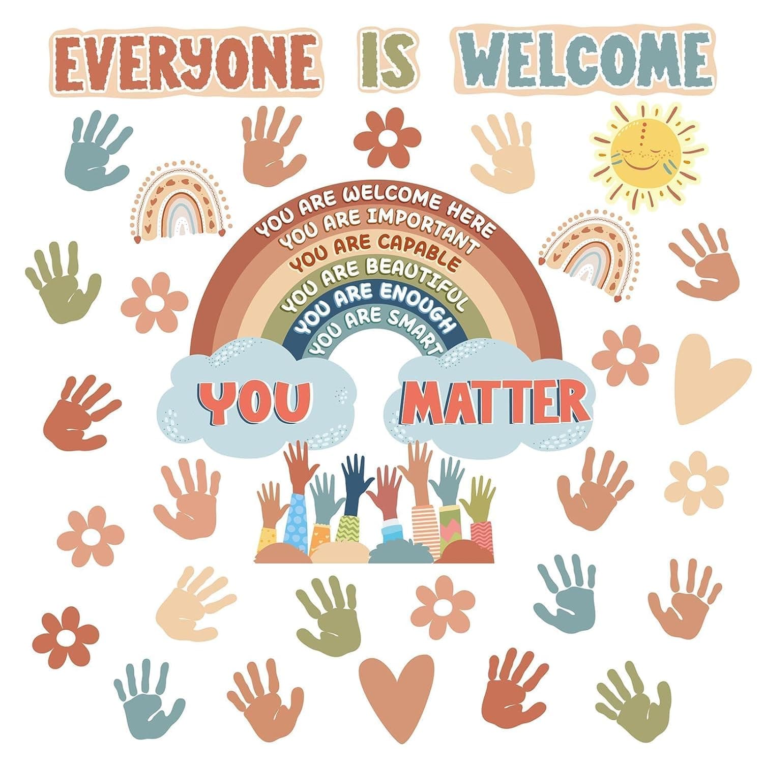 Boho Bulletin Board Decorations for Classroom, 35Pcs Everyone is Welcome Classroom Positive Motivational Inspirational Affirmation Wall Decor Boho Rainbow Cutouts for Teacher School Supplies