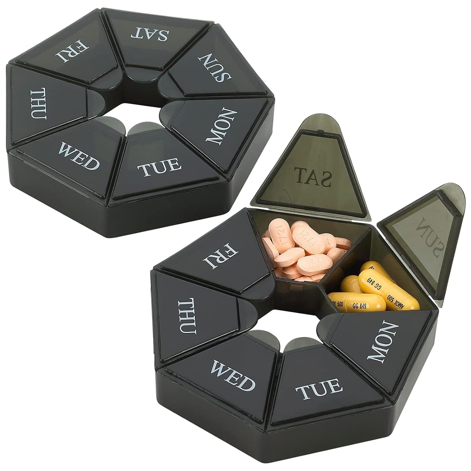 Joyzzz Weekly Pill Organizer, Pocket Portable Travel Pill Box with Compartments, Medicine Pills Box, Pill Holder Vitamins, 7 Sided Pill Organizer for Storage Cod Liver Oil and Supplements (Black)