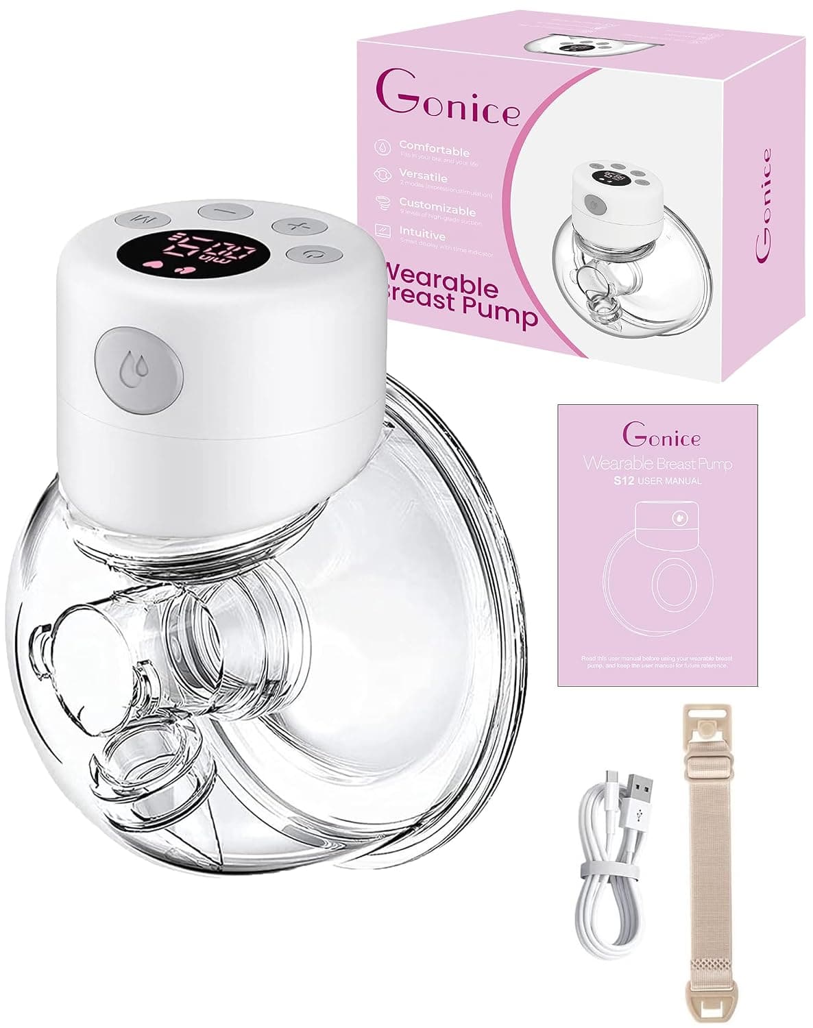 Breast Pump, Double Wearable Breast Pump, Electric Hands-Free Breast Pumps with 2 Modes, 9 Levels, LCD Display, Memory Function Rechargeable Double Milk Extractor-24mm Flange, White