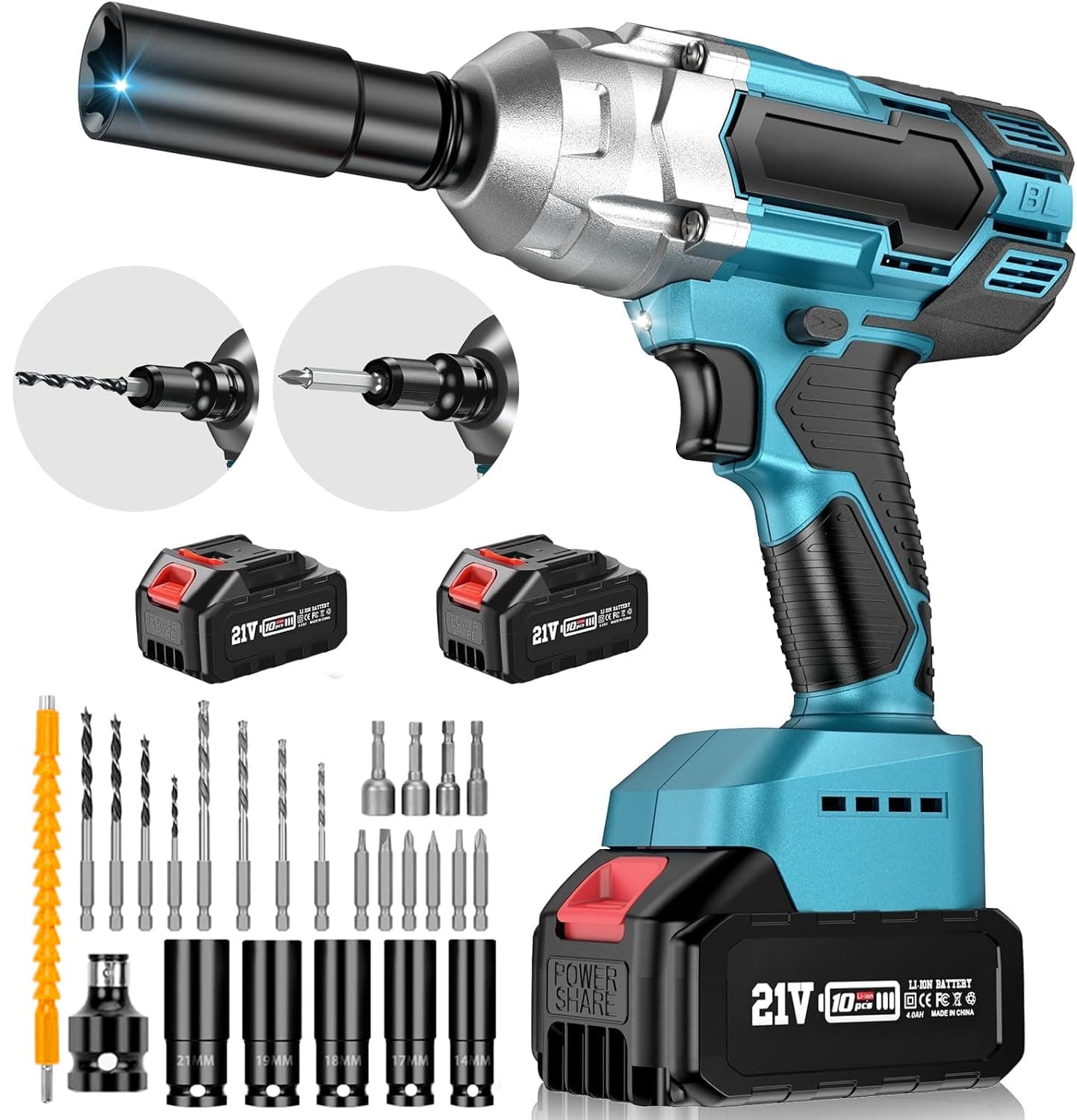 Wemart Cordless Impact Wrench, Portable Impact Wrench 1/2 inch Max Torque 479 Ft-lbs(650Nm), 3300RPM w/ 2x 4.0 Battery, 6 Sockets, 8 Drill, 6 Screws, High Torque Power for Car Home