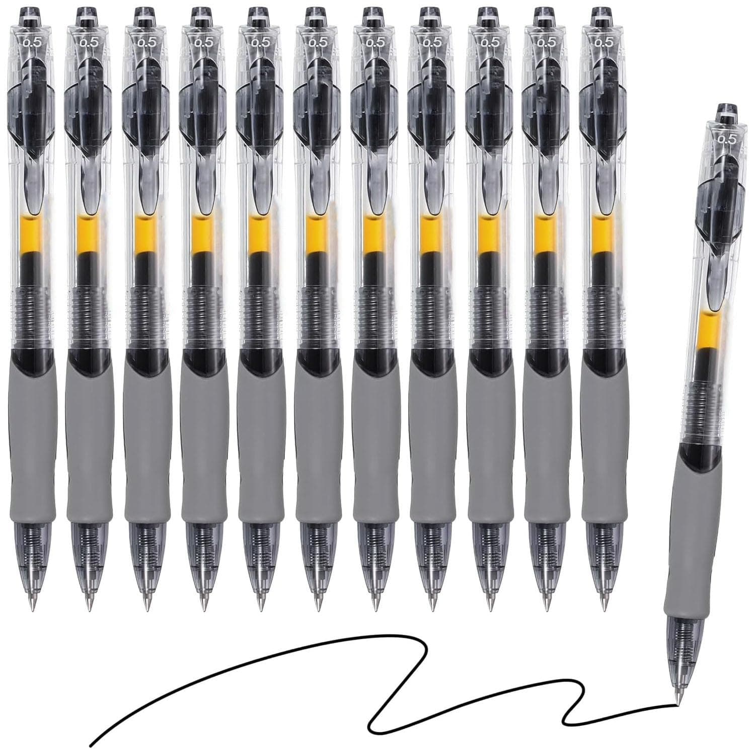 SKY-TOUCH 12 PCS Retractable Black Ink Pens, 0.5mm, Bullet Tip, Quick Drying Black Ink, Soft Rubber Grip, Smooth Writing, Perfect for Exams & Signing