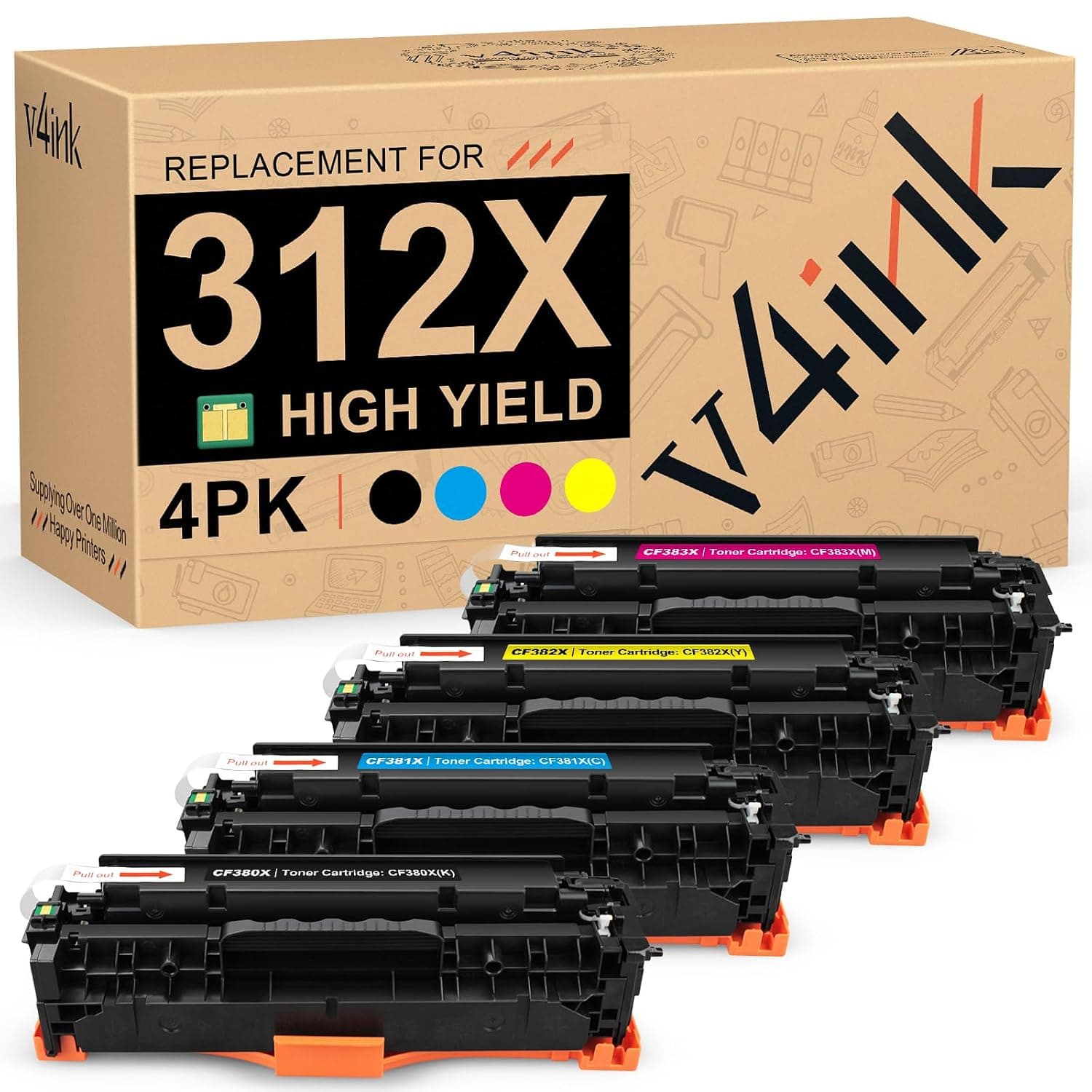 v4ink 4PK Remanufactured Toner Cartridge Replacement for HP 312X 312A CF380X CF381A CF382A CF383A CF380A Toner Cartridge High Yield Color Set for HP Pro MFP M476nw M476dn M476dw M476 Printer