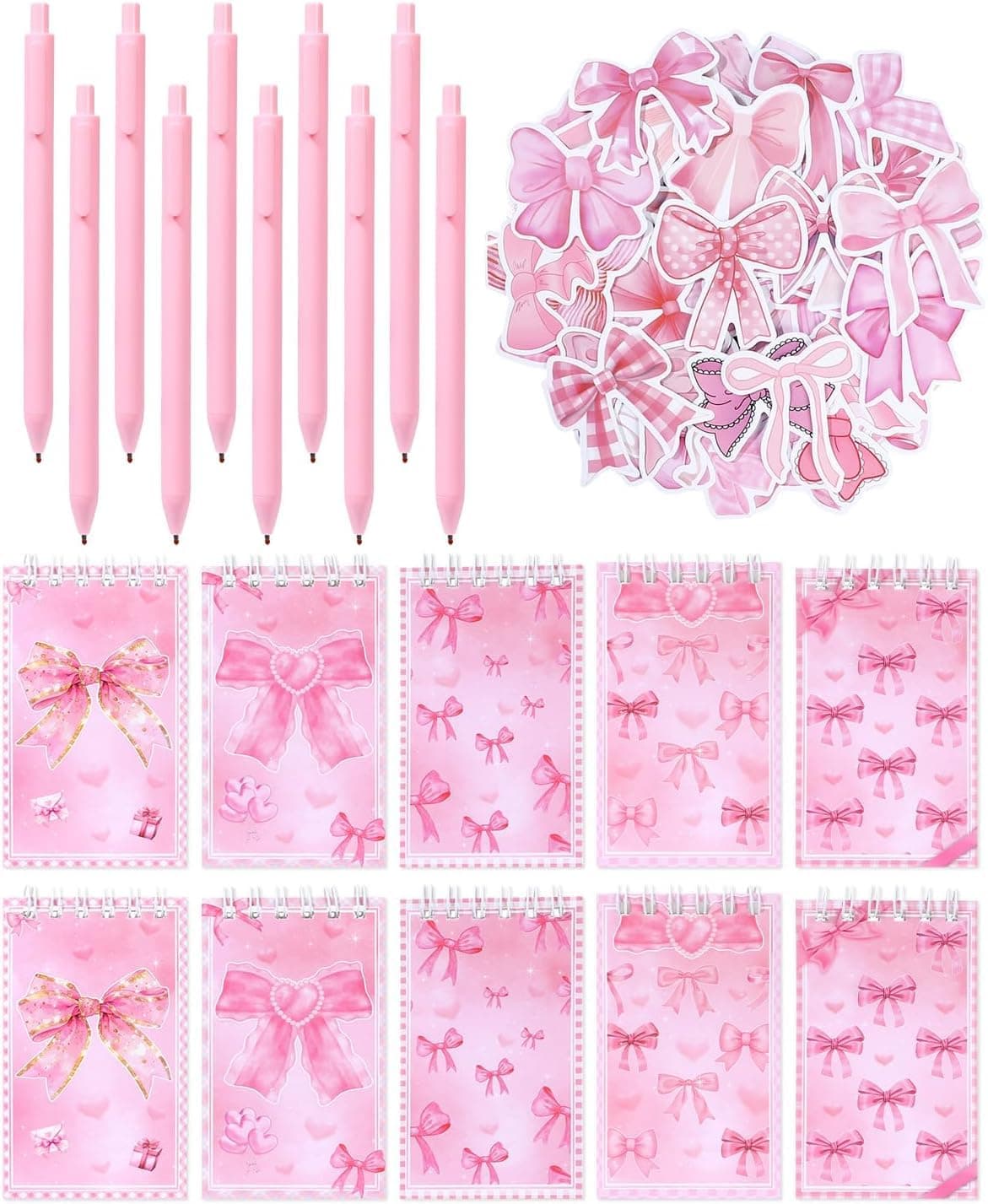 Spiral Notebook and Ballpoint Pen Kit for Back to School, Mini Pink Bow Notebooks and Ball Point Pen Set for Bow Themed Birthday Party, Supplies School Stationery Supply