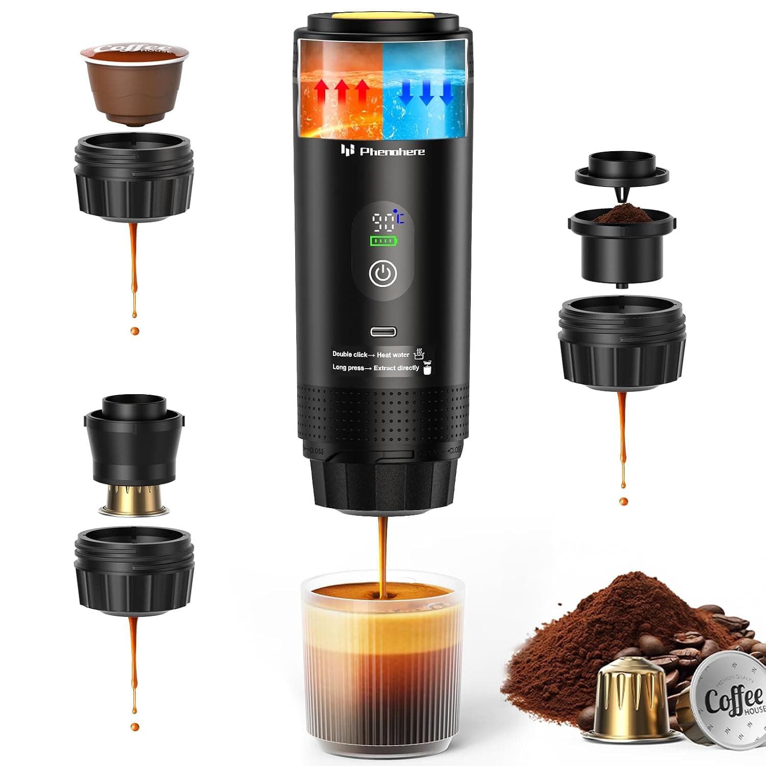 6-in-1 Portable Electric Espresso Machine–20Bar Self‑Heating camping coffee maker with 7500mA Battery,Display,compatible with Large/Small Capsules&Coffee Powder for Travel,Camping,Car&Office
