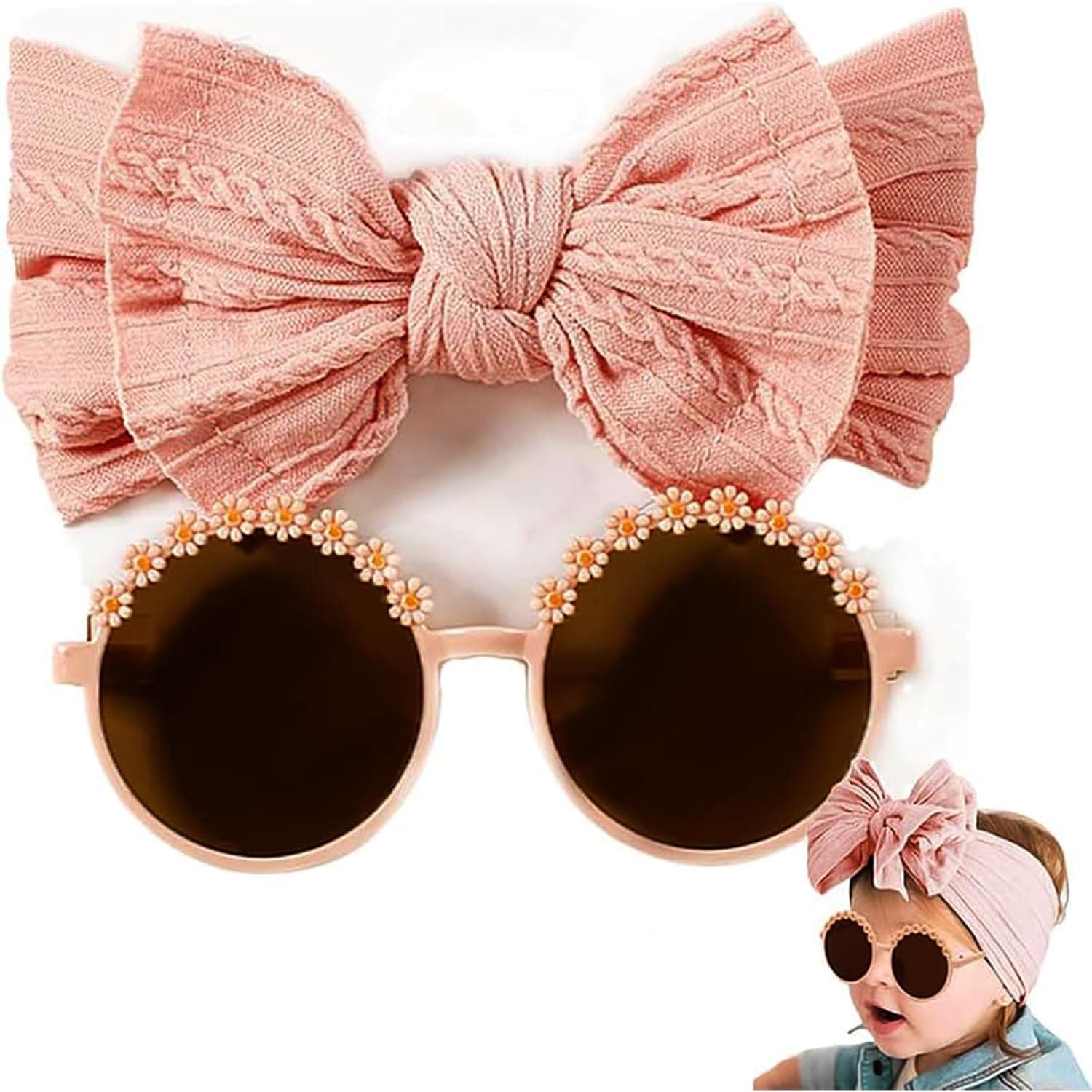 Baby Bows Headband and Sunglasses Set, Baby Pink Hair Accessory Set, Party Shower Hair Accessories for Newborn Toddler Infant, Kids Daisy Flower Sunglasses & Cute Bow Wide Headband (2 Pcs)