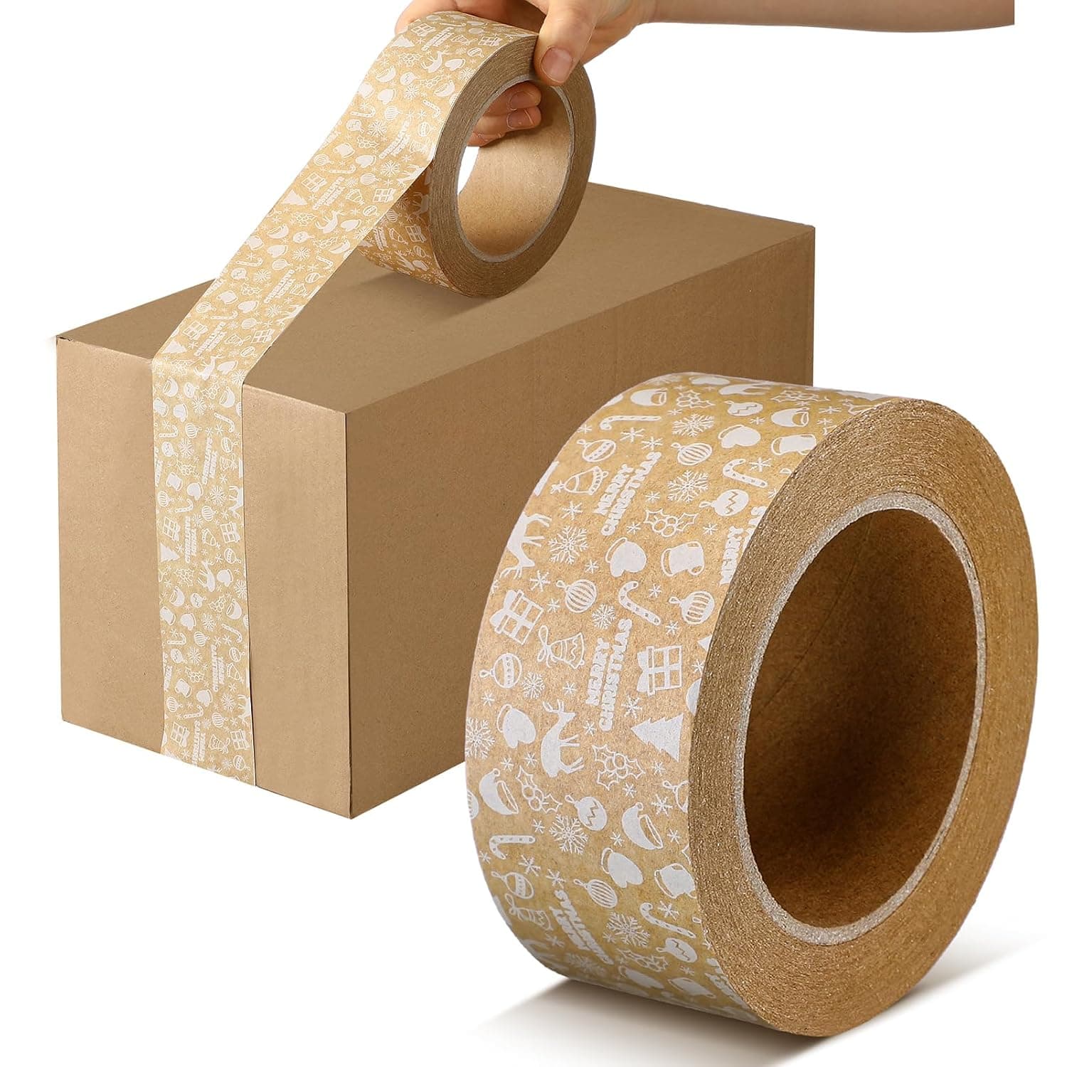 Watersay Christmas Packing Tape 1.89 in x 55 yd Brown Kraft Decorative Packing Tape Festive Cute Packing Tape Christmas Gift Wrapping Tape